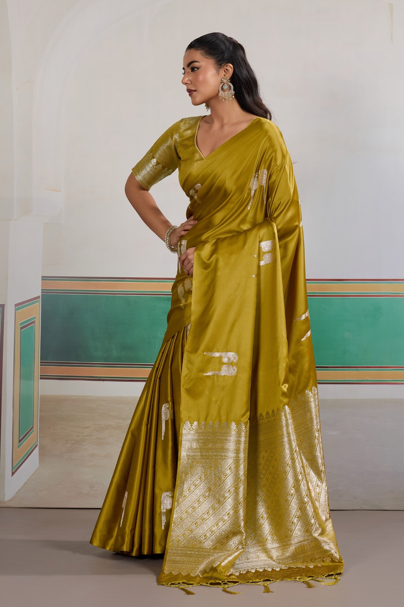 Buy MySilkLove Olive Green Handloom Satin Soft Silk Saree Online
