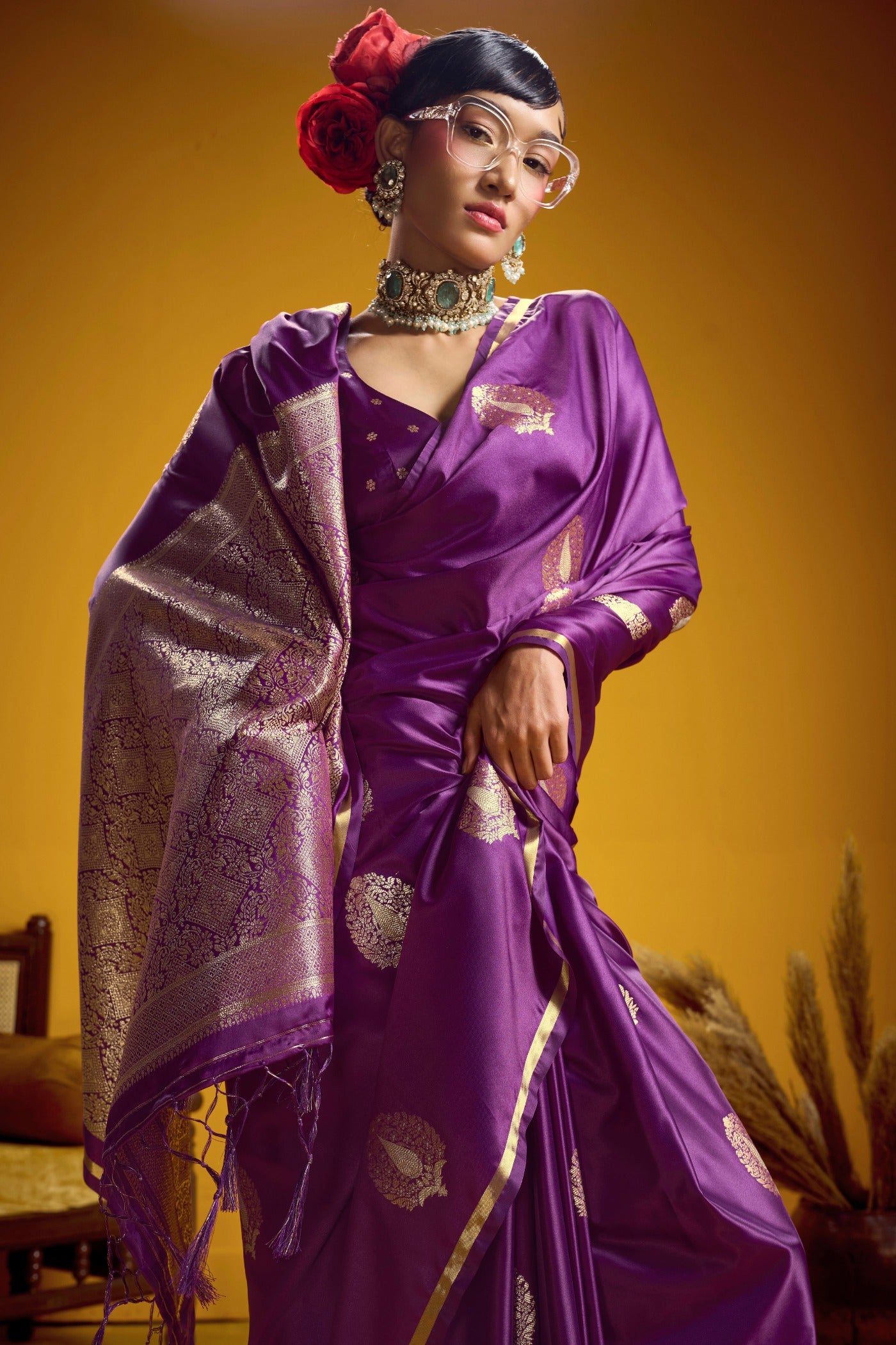 Buy MySilkLove Kingfisher Purple Handloom Satin Silk Saree Online