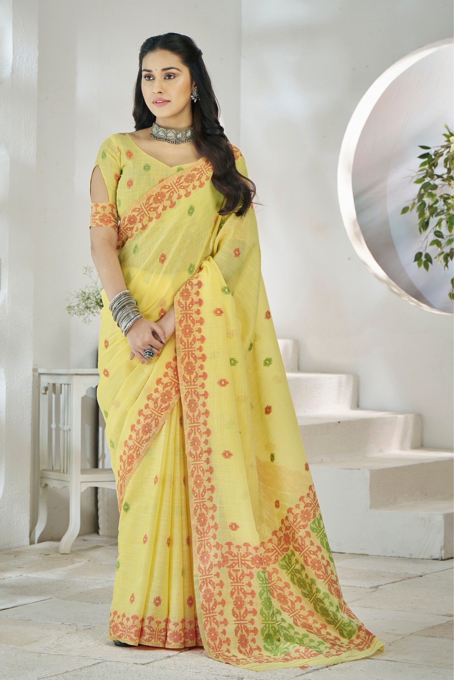 Buy MySilkLove Laser Yellow Woven Linen Saree Online