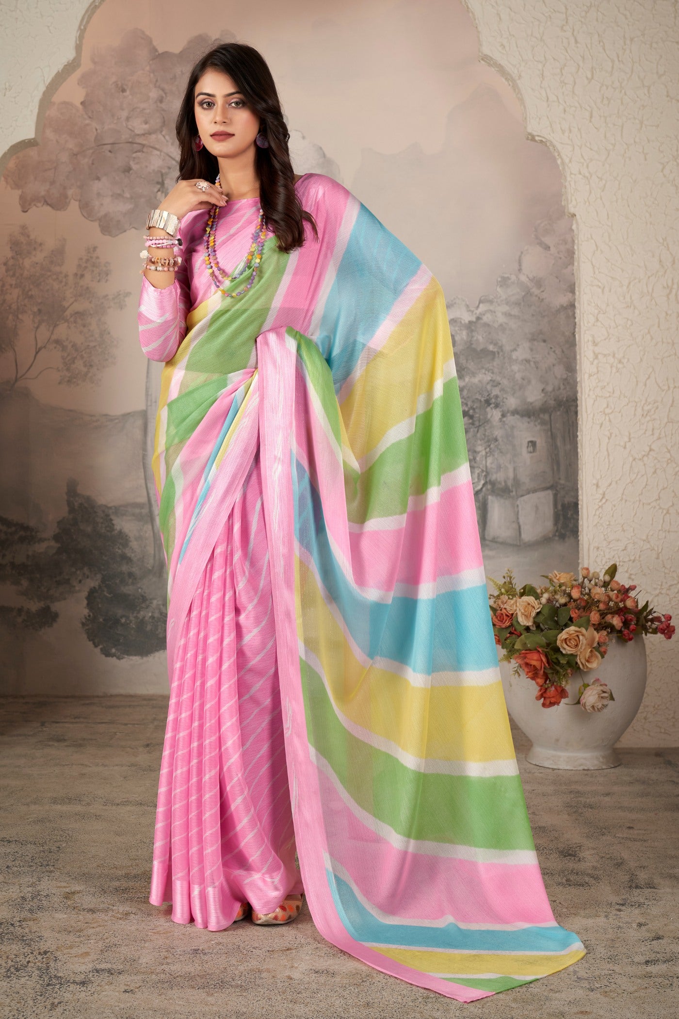 Buy MySilkLove Cherry Blossom Pink Printed Satin Silk Saree Online