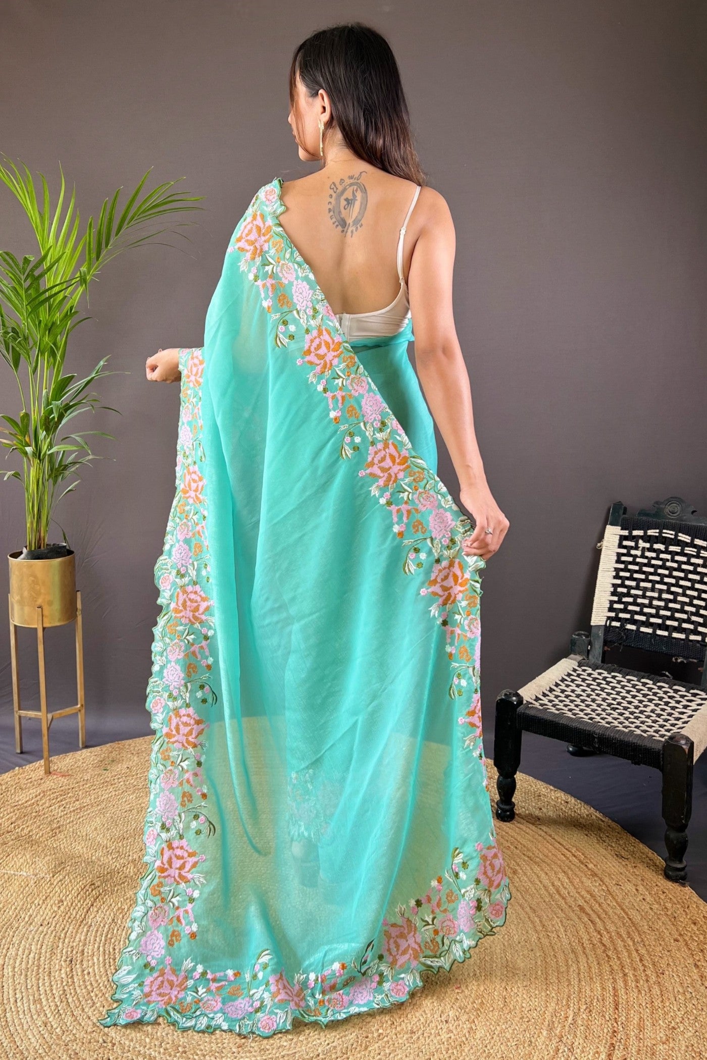 Buy MySilkLove Arctic Blue Embroidered Party Wear Saree Online