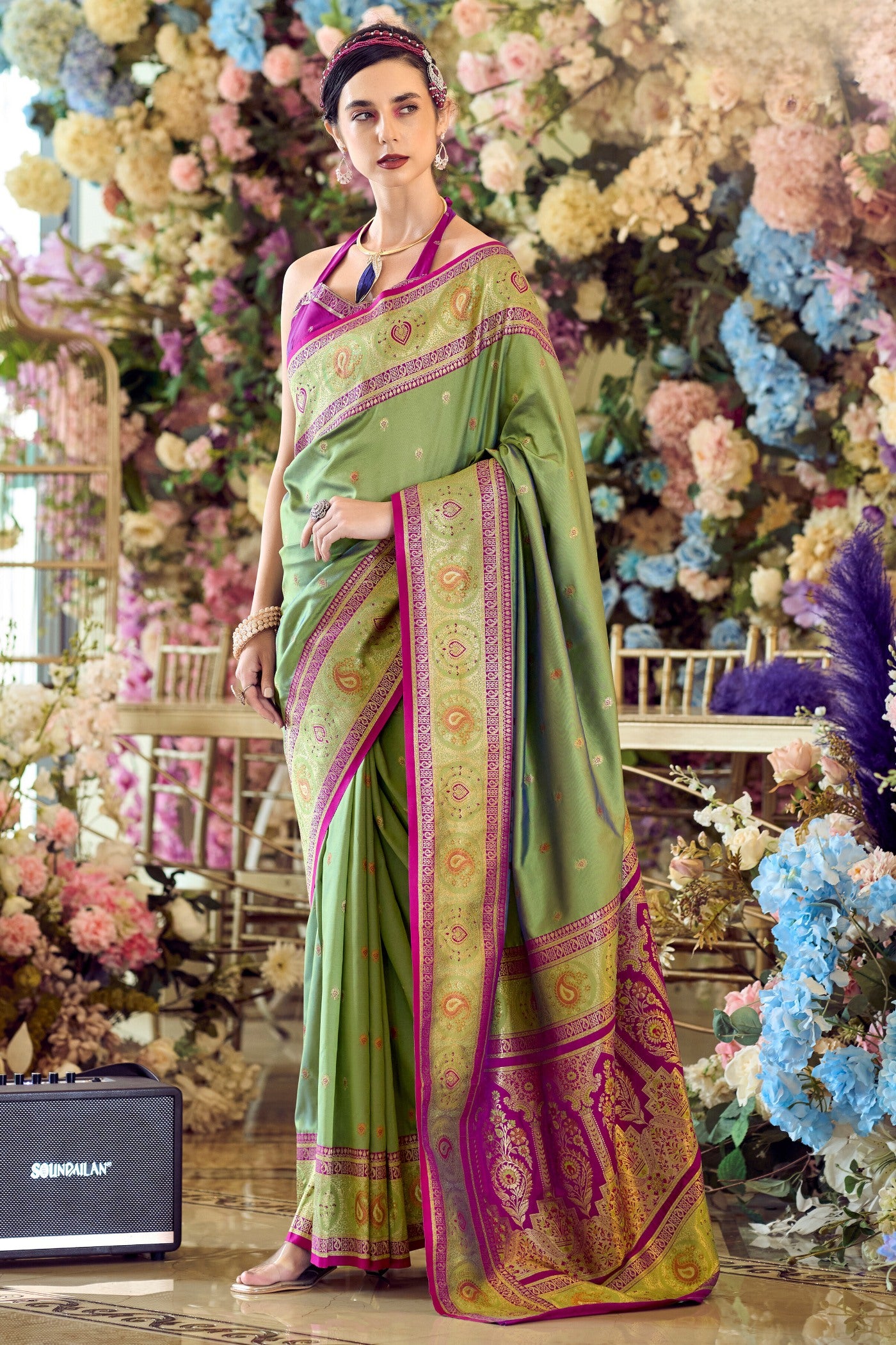 Buy MySilkLove Avocado Green Woven Banarasi Soft Silk Saree Online