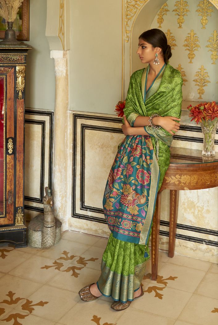 Buy MySilkLove Sycamore Green Printed Kalamakri Silk Saree Online