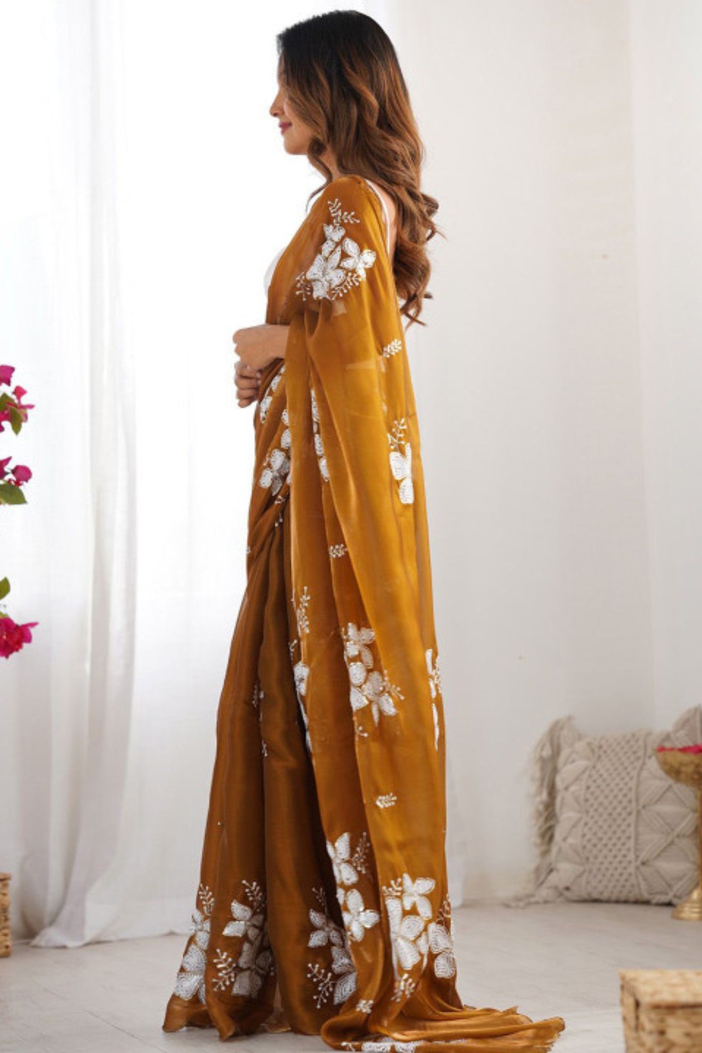 MySilkLove Cognac Brown Floral Partywear Saree
