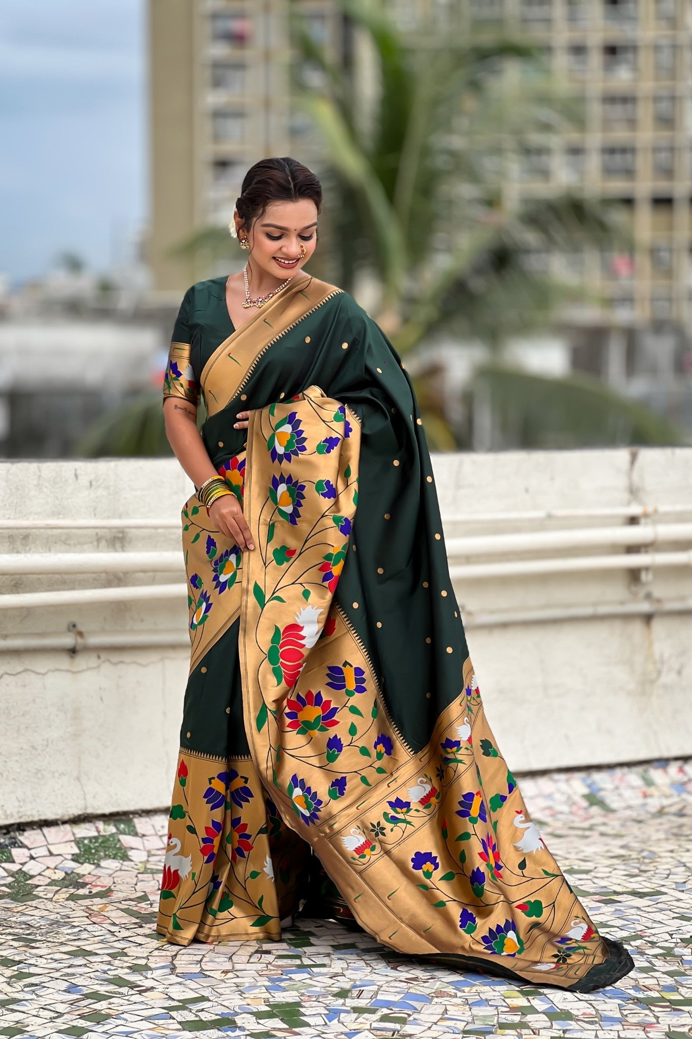 MySilkLove Dark Green Woven Paithani Saree