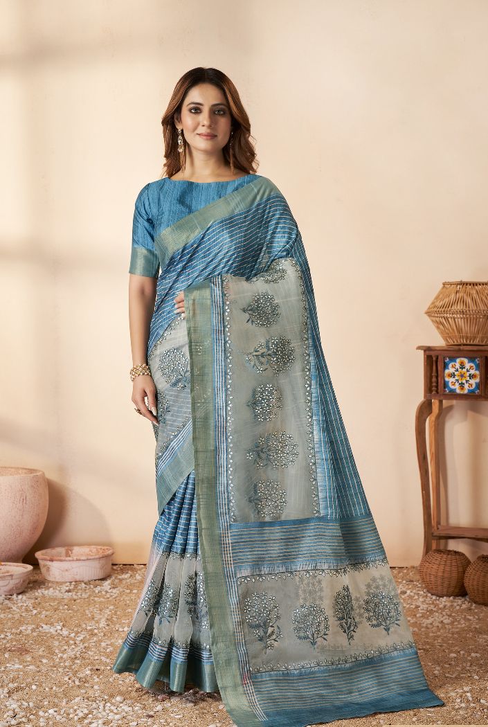 Buy MySilkLove Gulf Stream Blue Printed Banarasi Saree Online