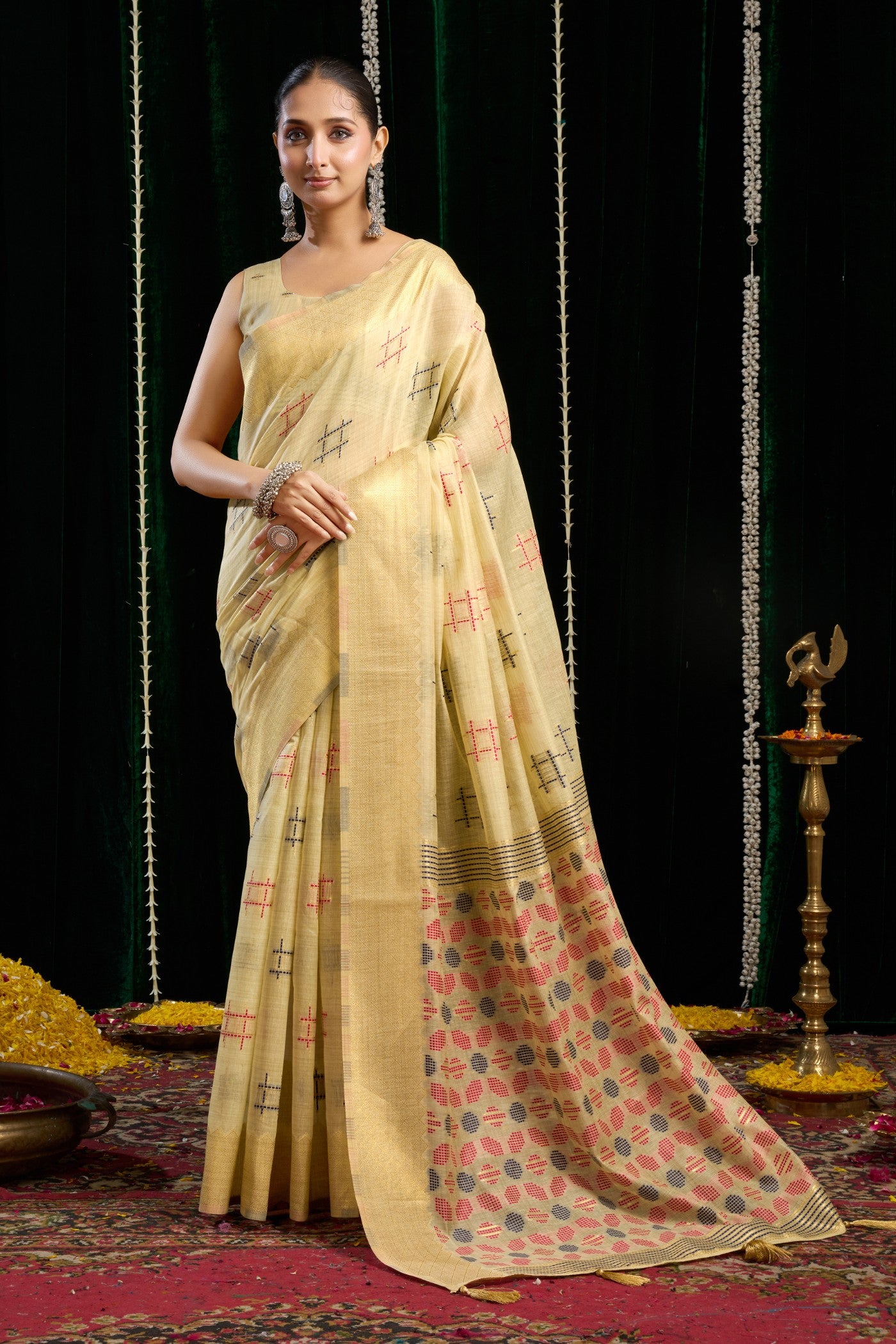 Buy MySilkLove Milky Cream Woven Cotton Saree Online