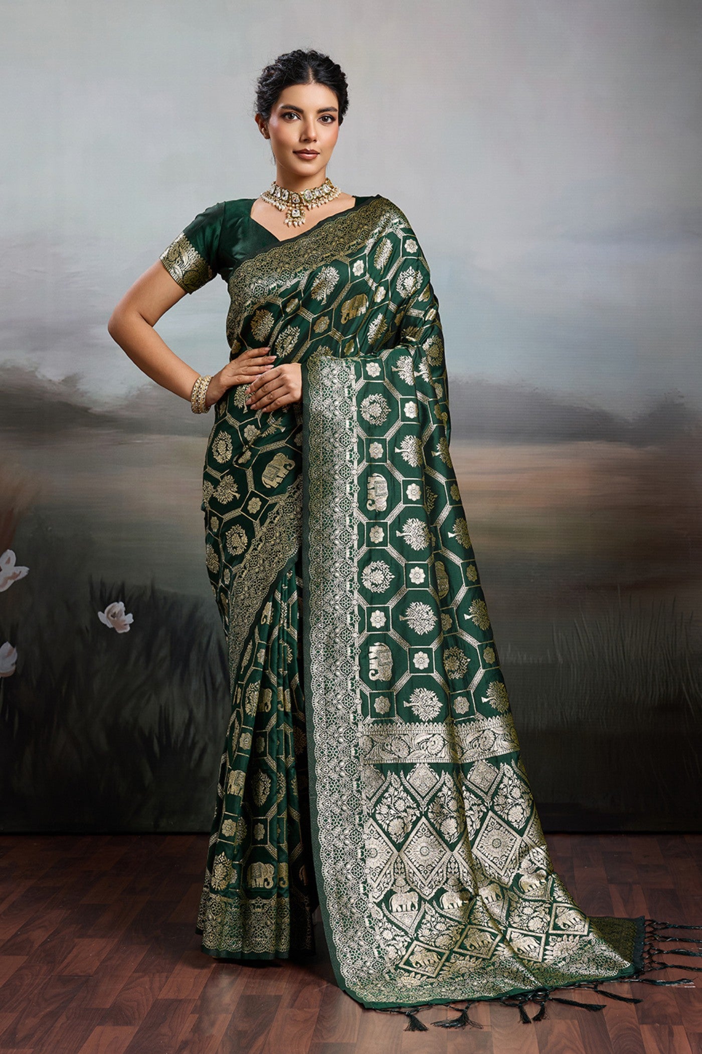 Buy MySilkLove Bottle Green Woven Banarasi Soft Silk Saree Online