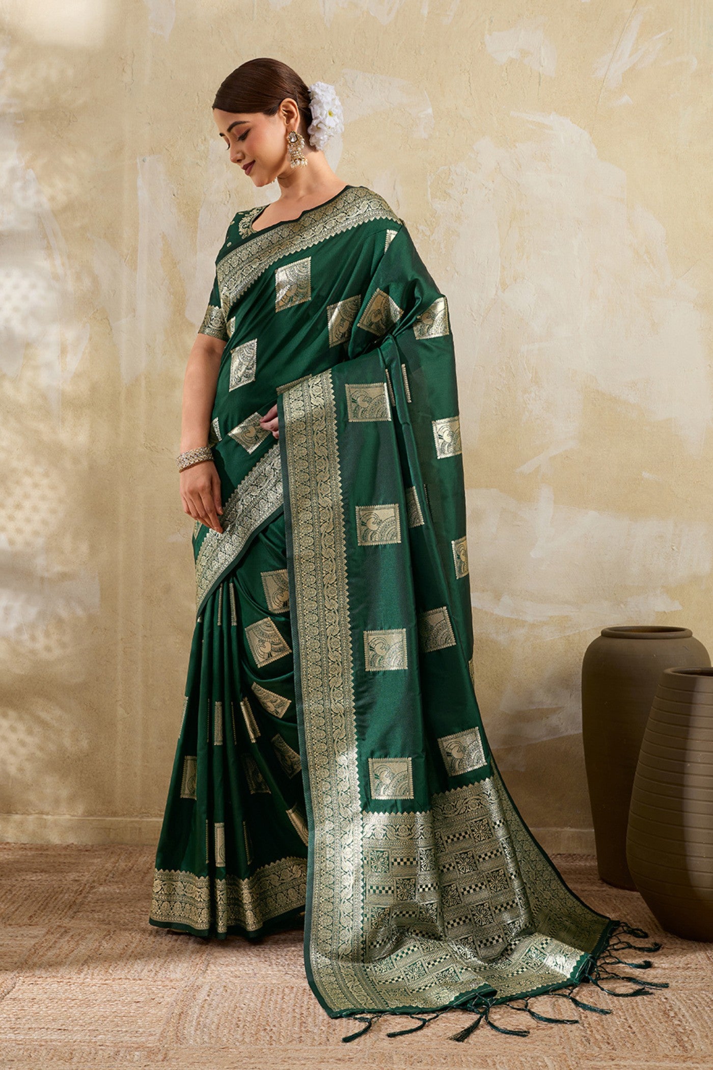 Buy MySilkLove Laurel Green Woven Banarasi Soft Silk Saree Online