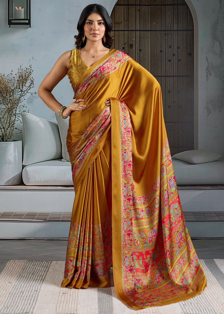 Buy MySilkLove Daisy Yellow Printed Satin Crepe Silk Saree Online
