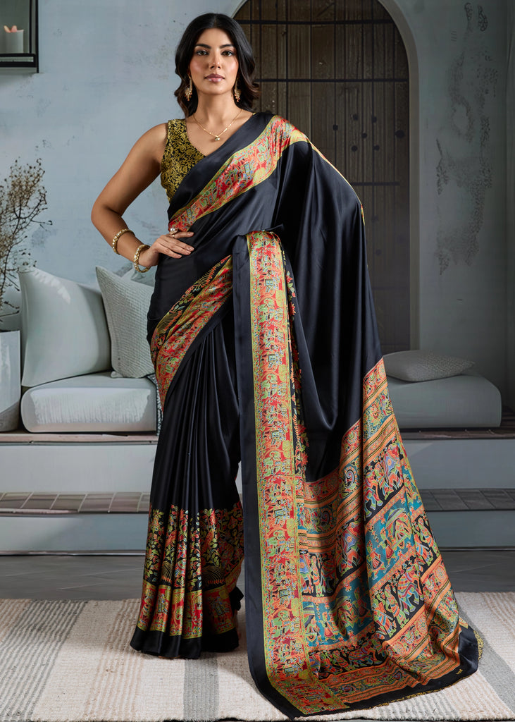 Buy MySilkLove Black Cat Printed Satin Crepe Silk Saree Online
