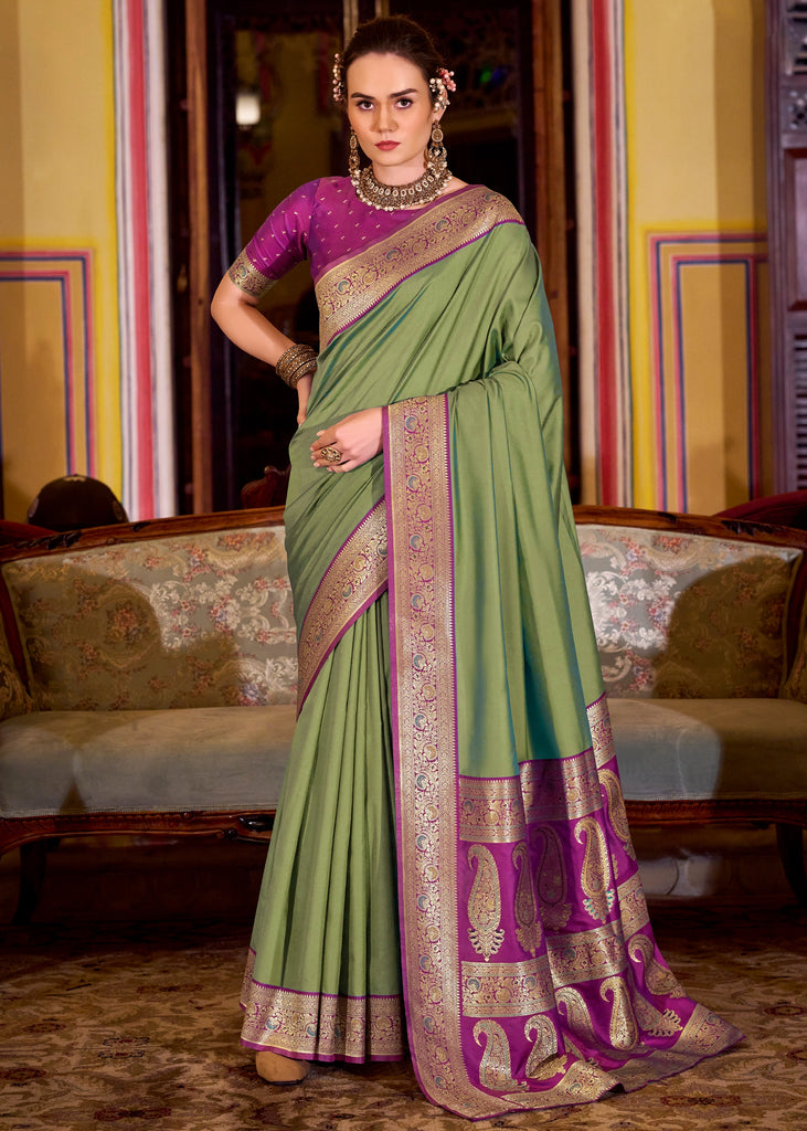 Buy MySilkLove Lime Green Woven Banarasi Soft Silk Saree Online