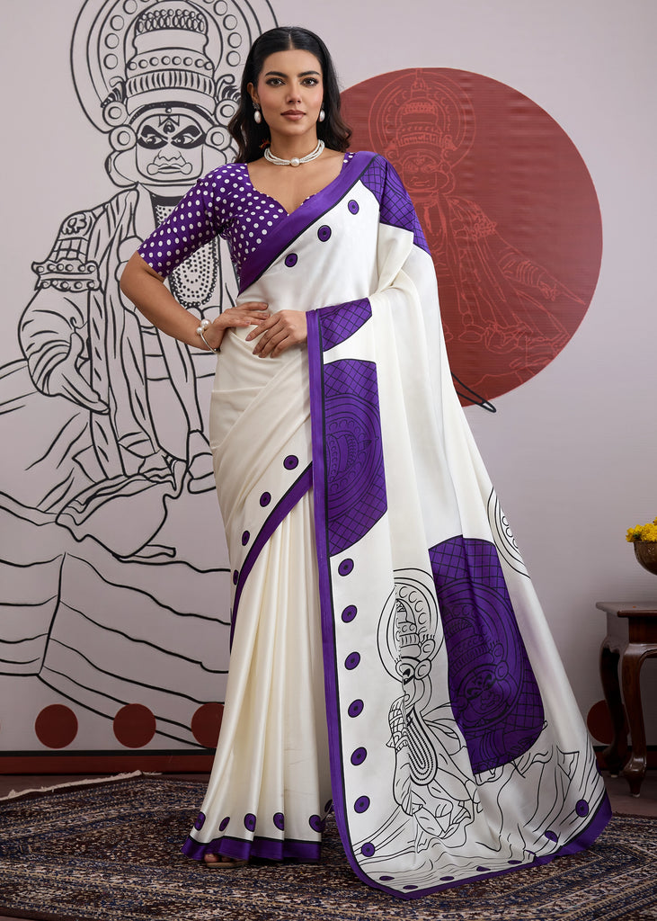 Buy MySilkLove Grape Purple and White Printed Satin Crepe Silk Saree Online
