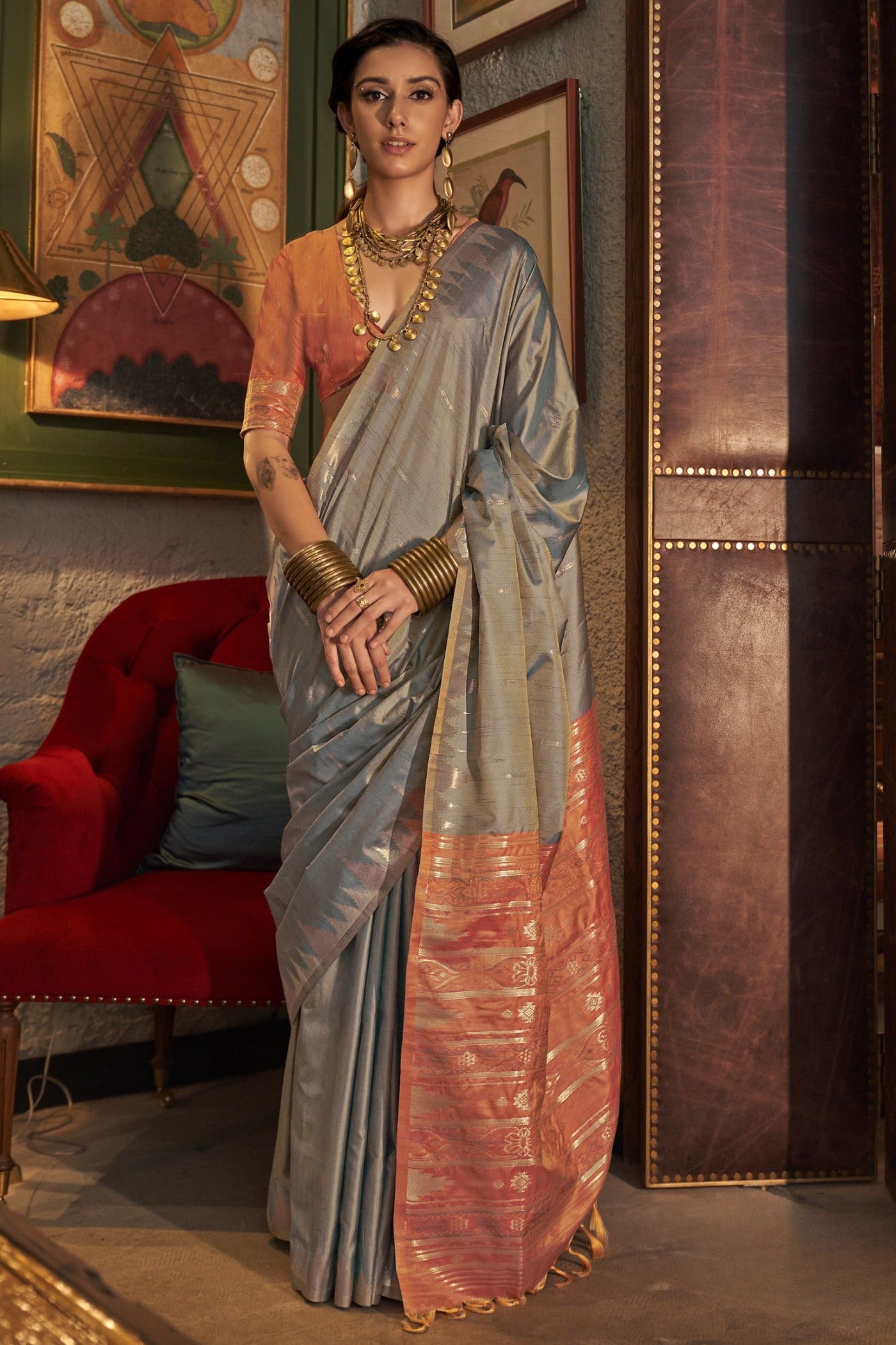 Buy MySilkLove Cloudy Grey Woven Linen Saree Online