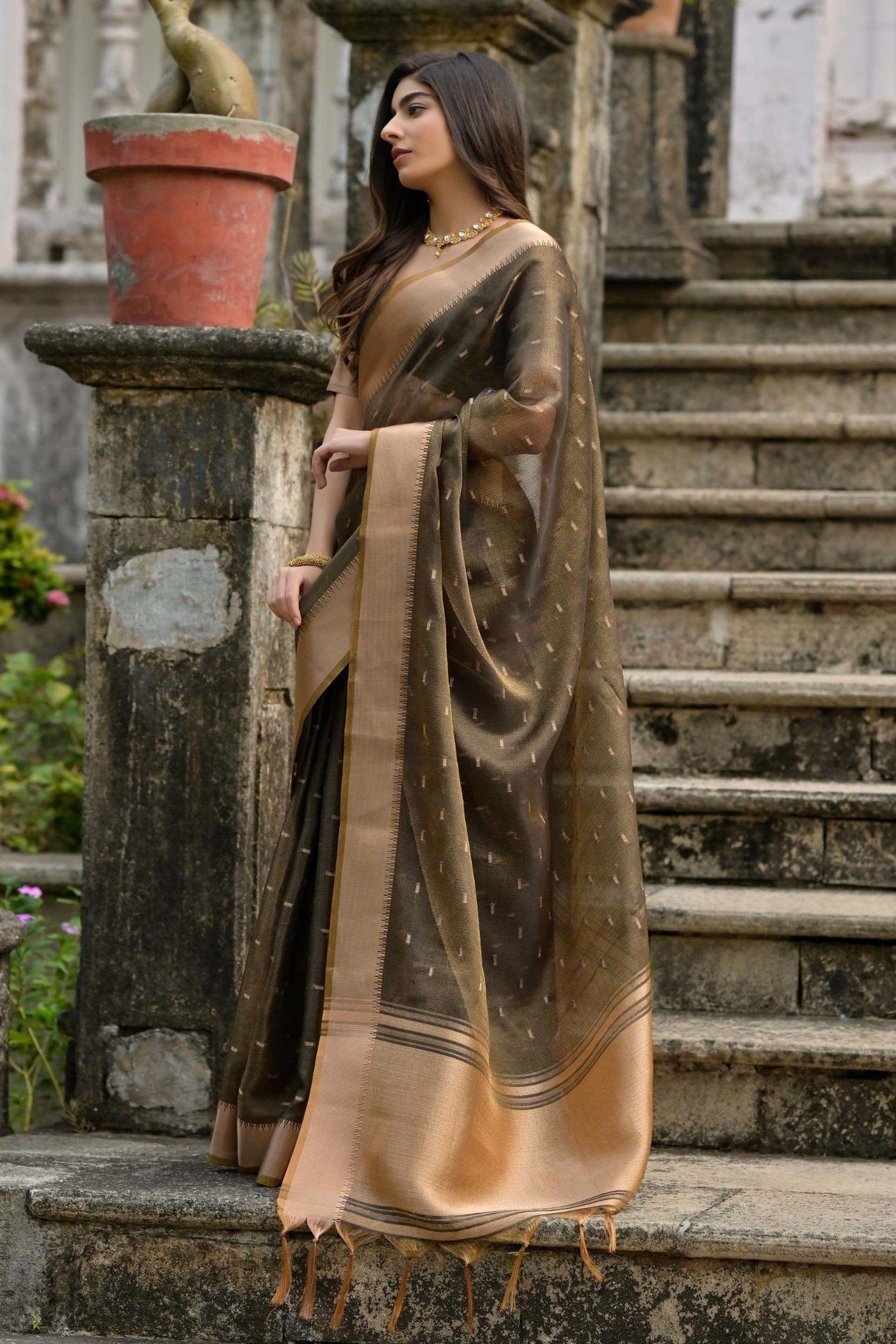 Buy MySilkLove Moss Brown Woven Banarasi Saree Online