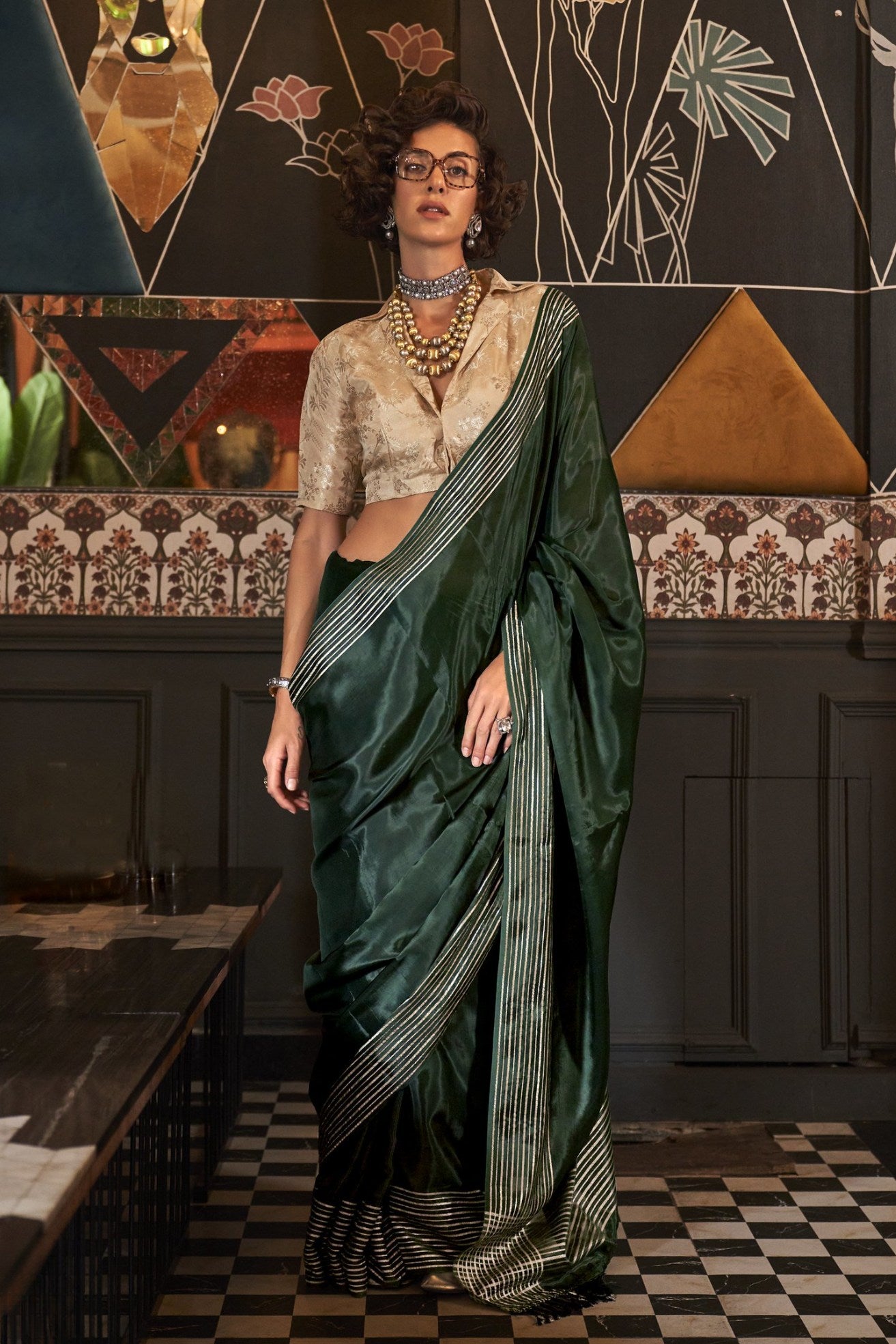 Buy MySilkLove Rangitoto Green Viscose Satin Handloom Saree Online