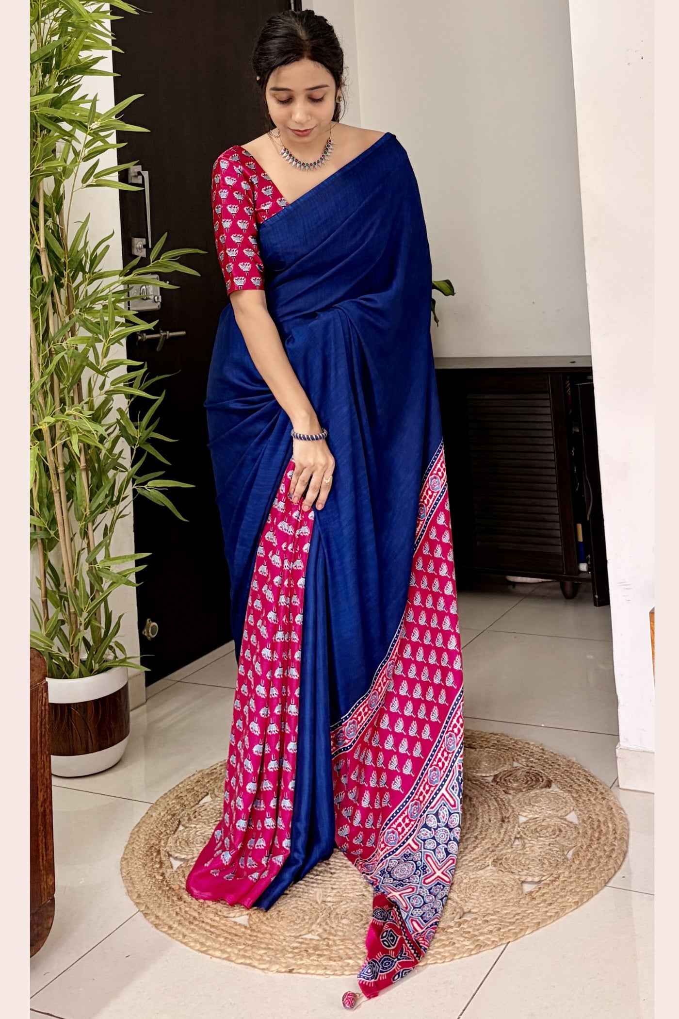 Buy MySilkLove Starlit Blue and Pink Ajrakh Printed Satin Crepe Silk Saree Online
