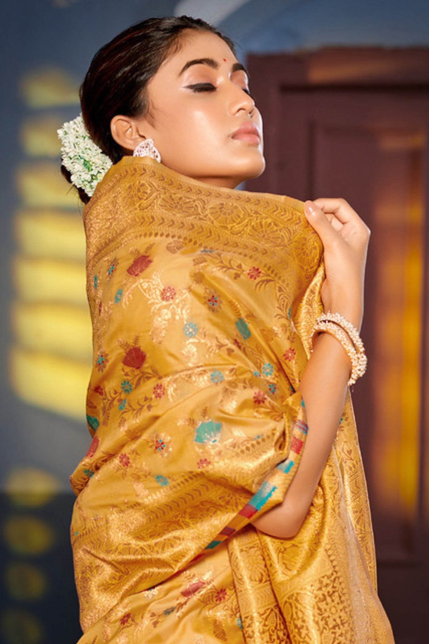 Buy MySilkLove Tulip Tree Yellow Zari Woven Banarasi Saree Online