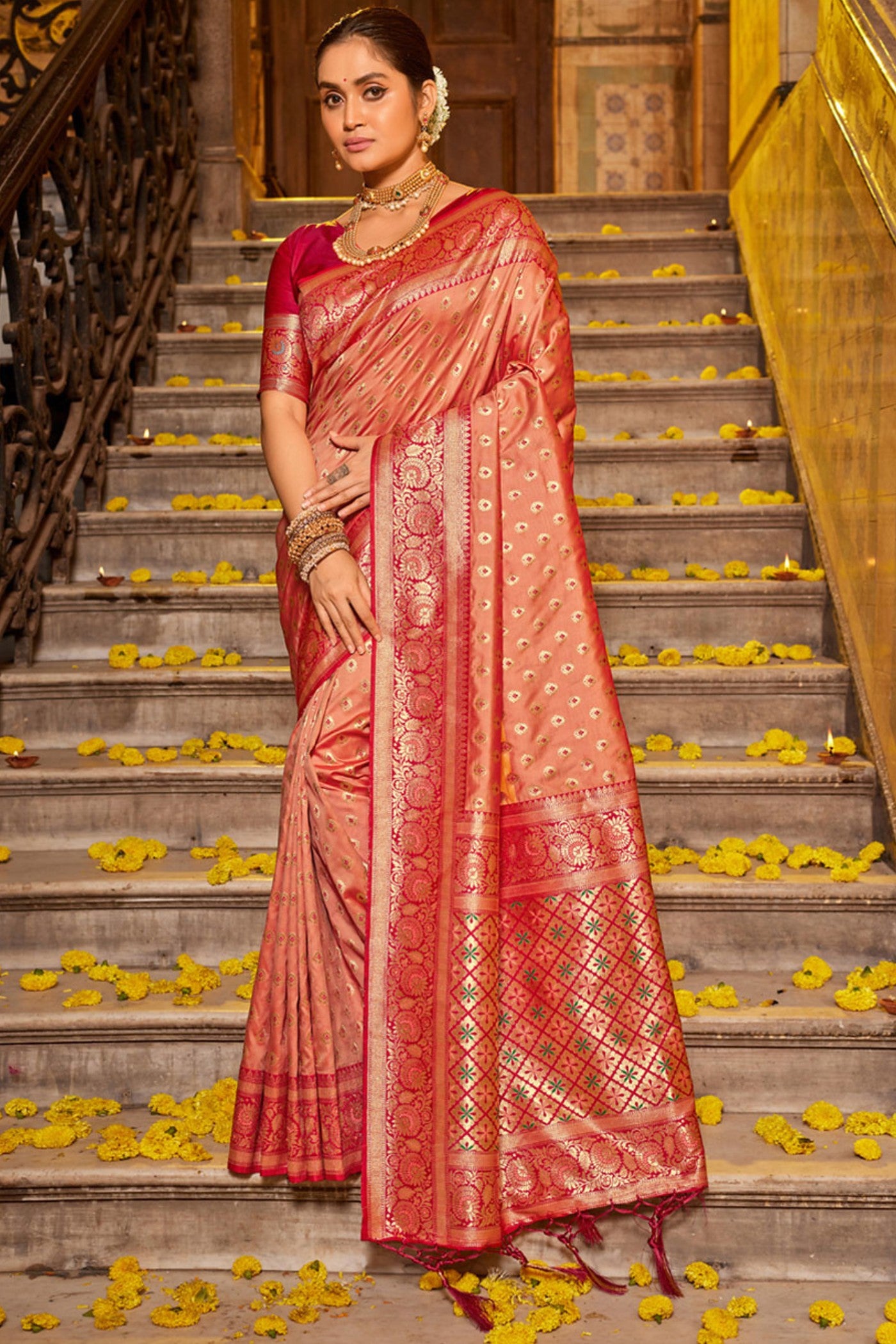 Buy MySilkLove Dark Plum Peach Zari Woven Banarasi Saree Online