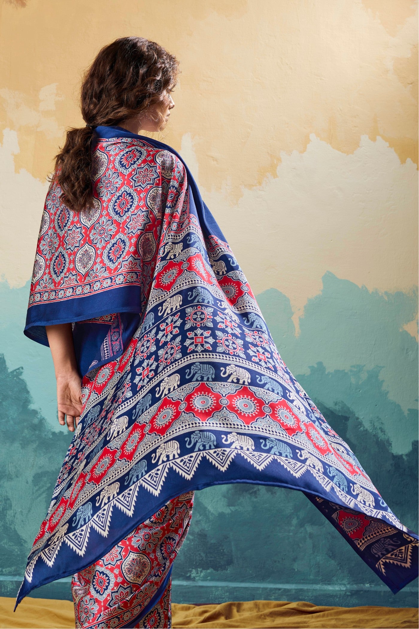 Buy MySilkLove Cloudy Blue Modal Ajrakh Satin Printed Silk Saree Online
