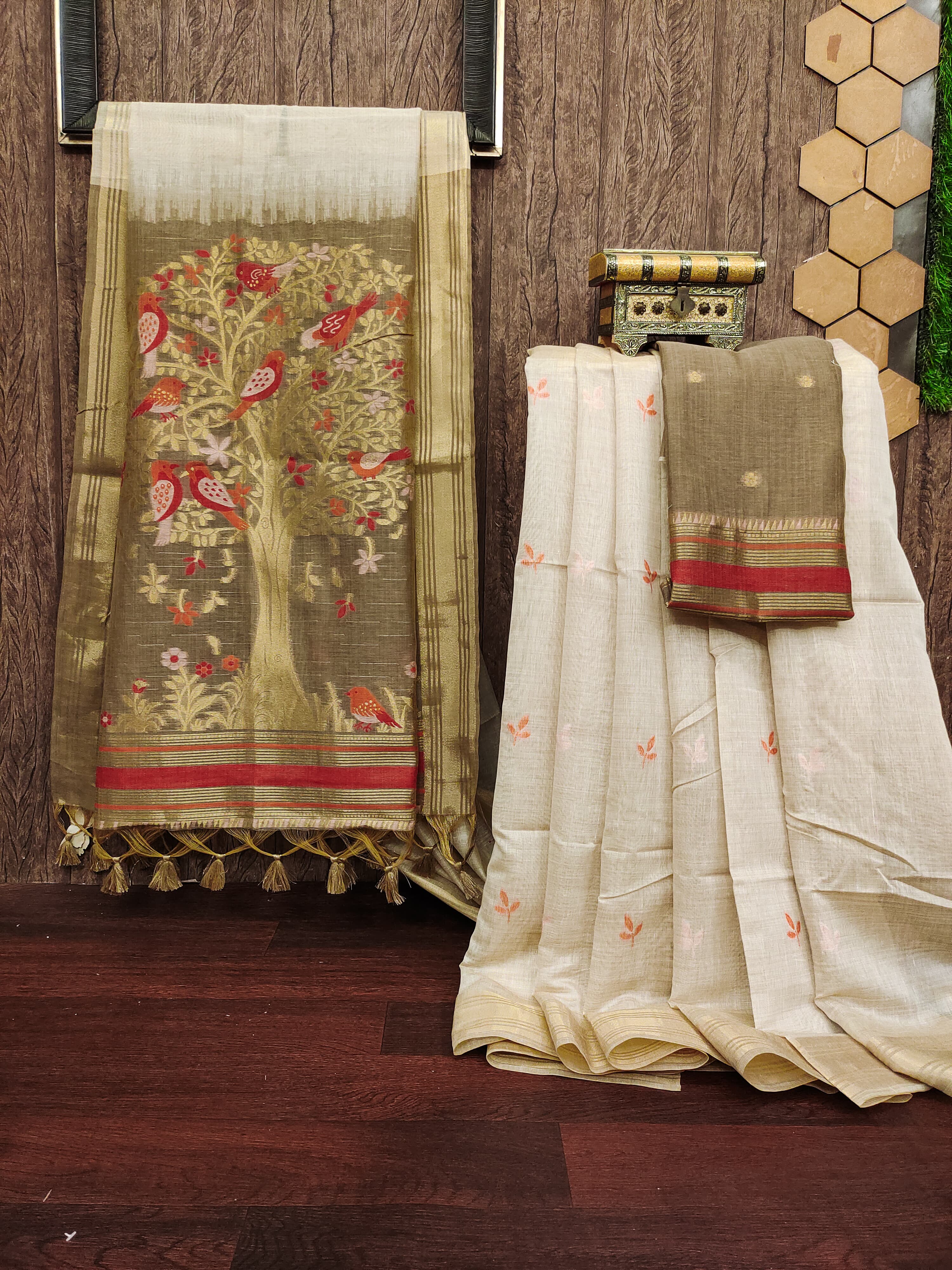 Buy MySilkLove Cream and Brown Woven Muga Cotton Saree Online