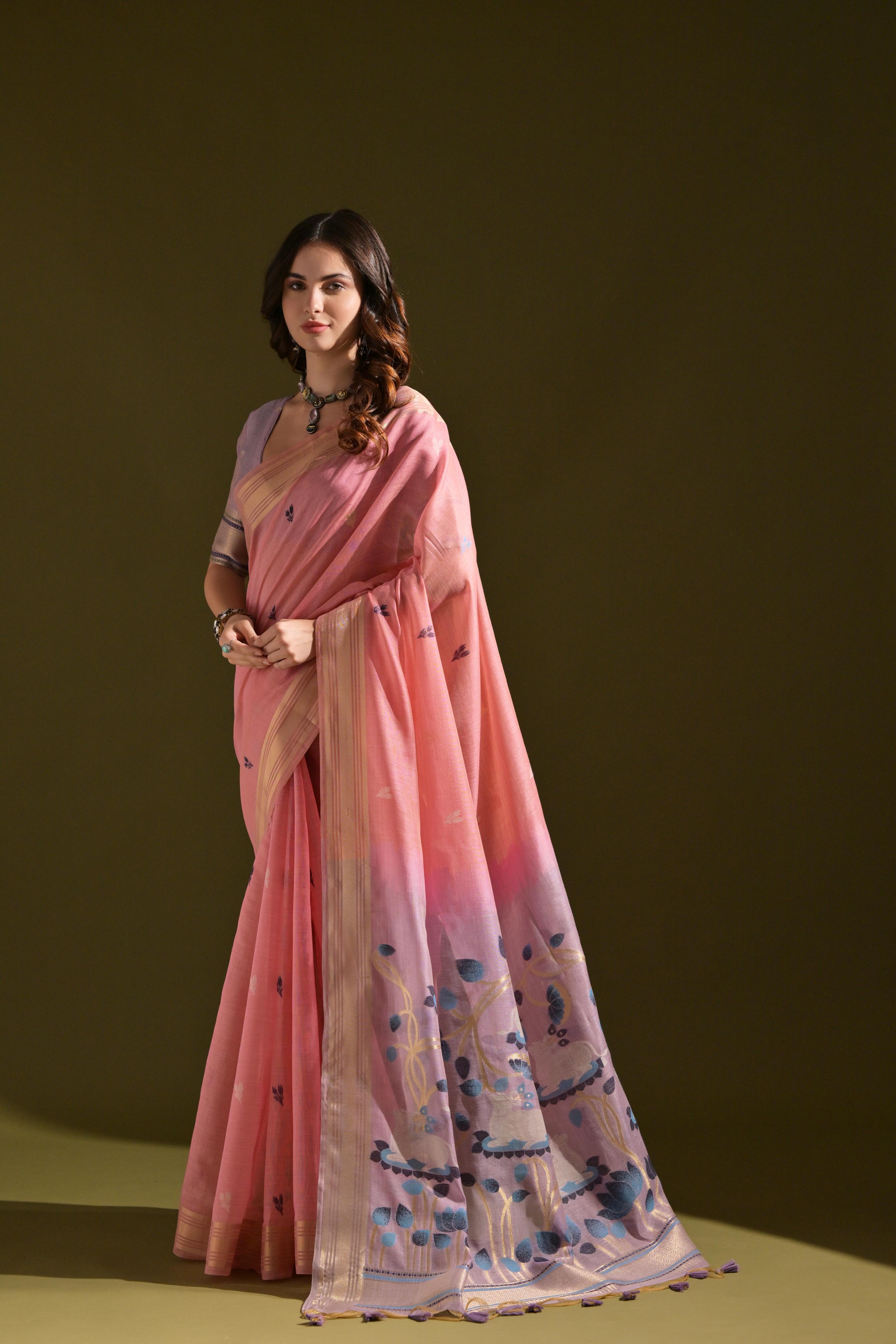 Buy MySilkLove Carnation Pink Woven Muga Cotton Saree Online