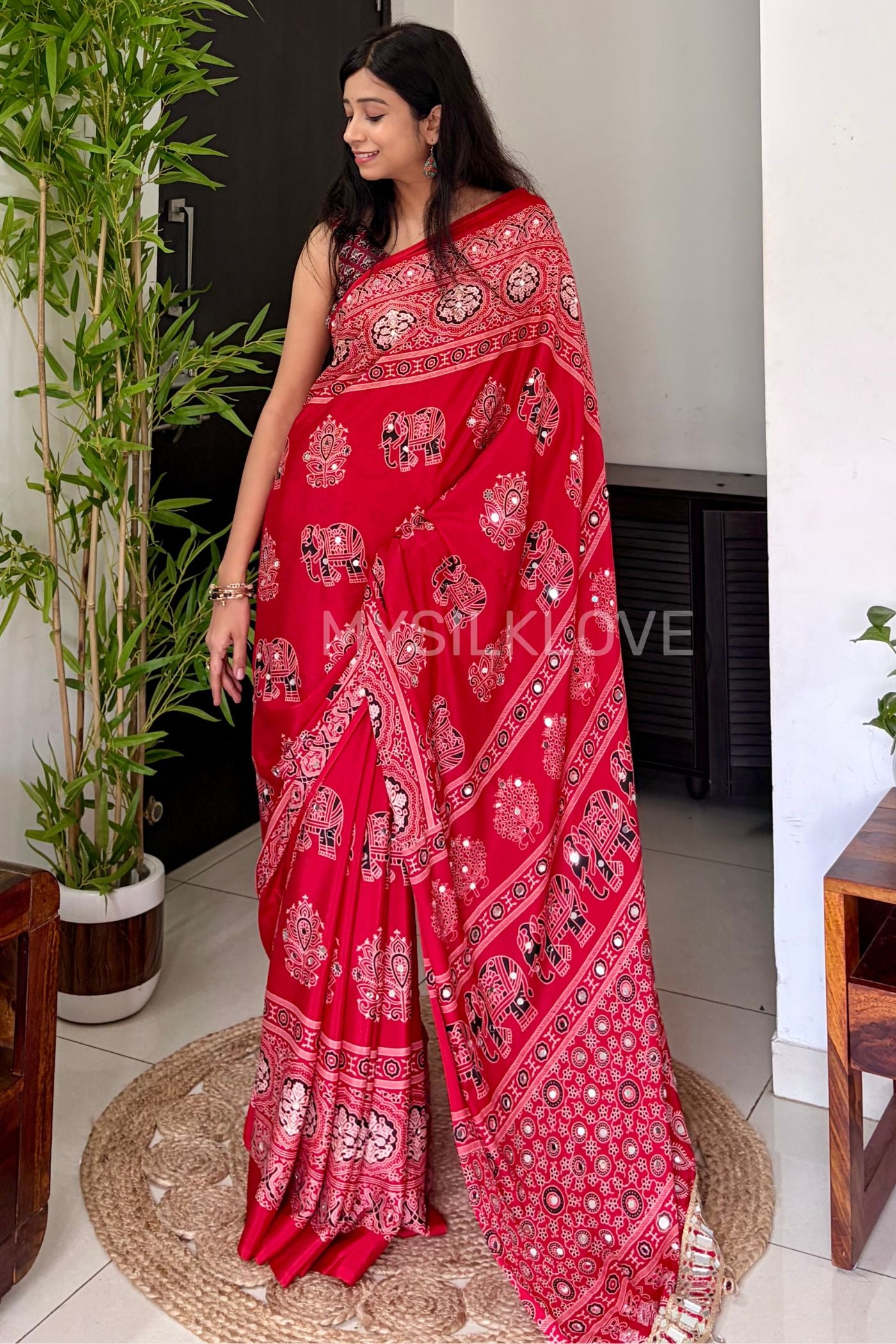 Buy MySilkLove Jam Red Ajrakh Satin Printed Mirror Work Saree Online
