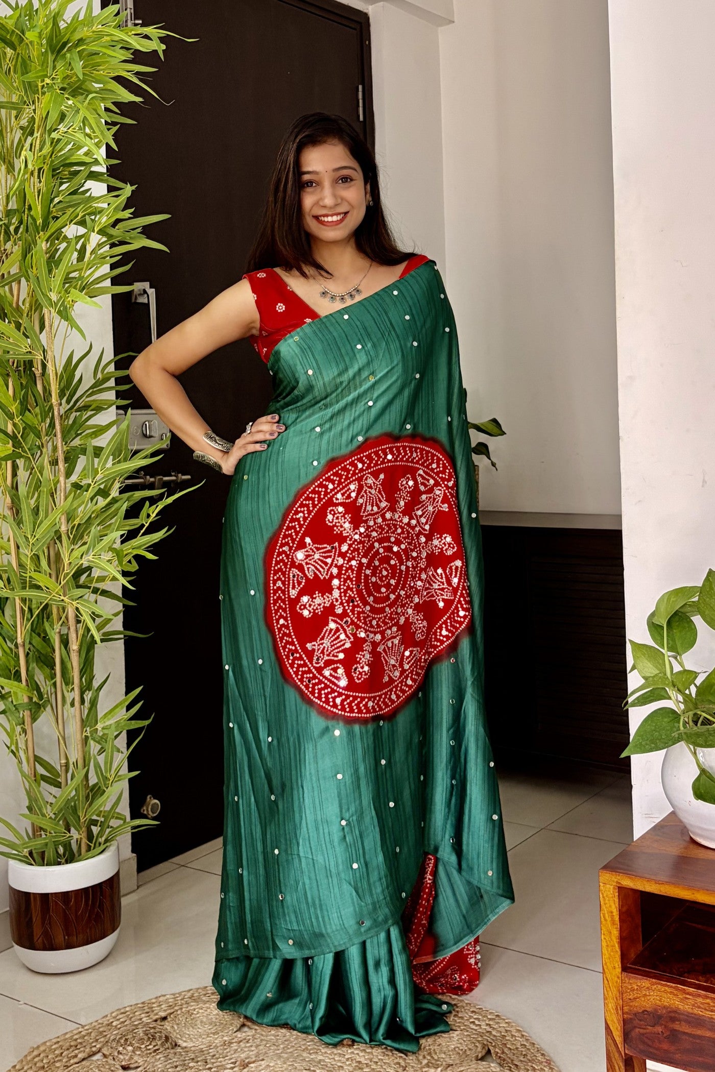 Buy MySilkLove Myrtle Green and Red Gaji Bandej Satin Soft Silk Saree Online