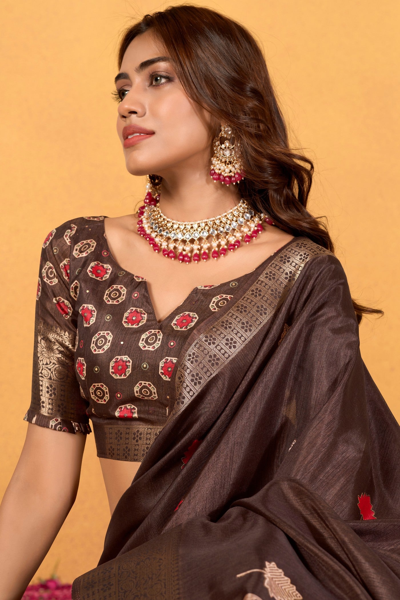 Buy MySilkLove Caramel Brown Woven Dola Silk Saree Online