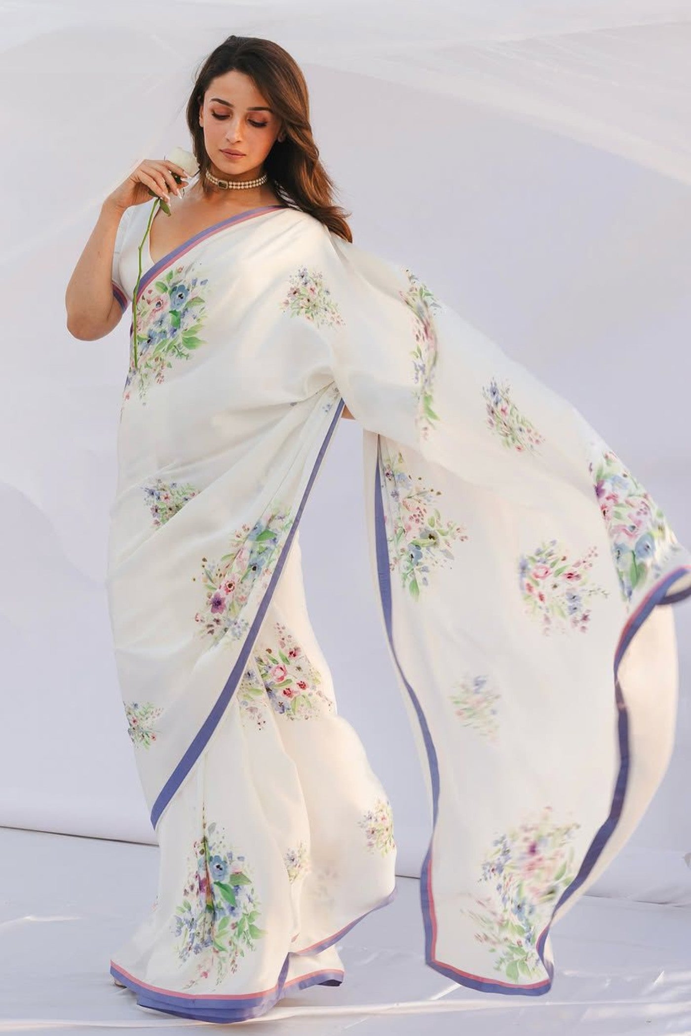 Buy MySilkLove Alia Bhatt Inspired Daisy White Floral Printed Satin Silk Saree Online