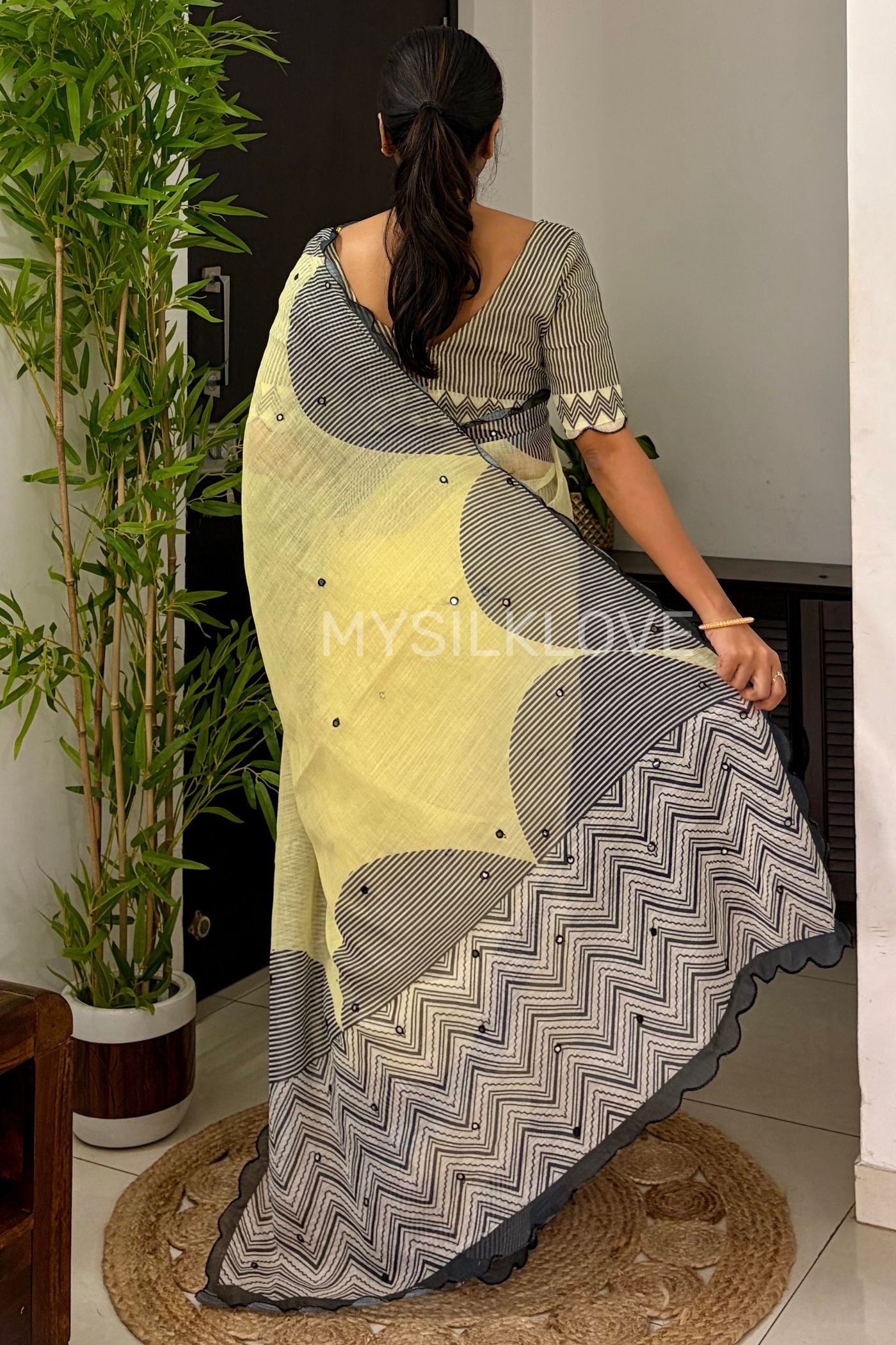 Buy MySilkLove Canary Yellow Linen Cotton Digital Printed Saree Online