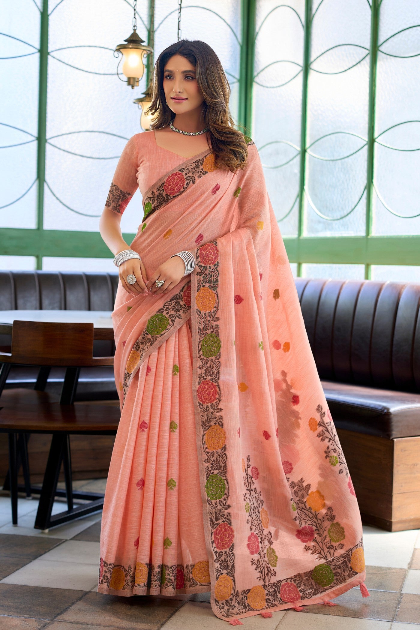 Buy MySilkLove Neon Peach Floral Handloom Linen Saree Online