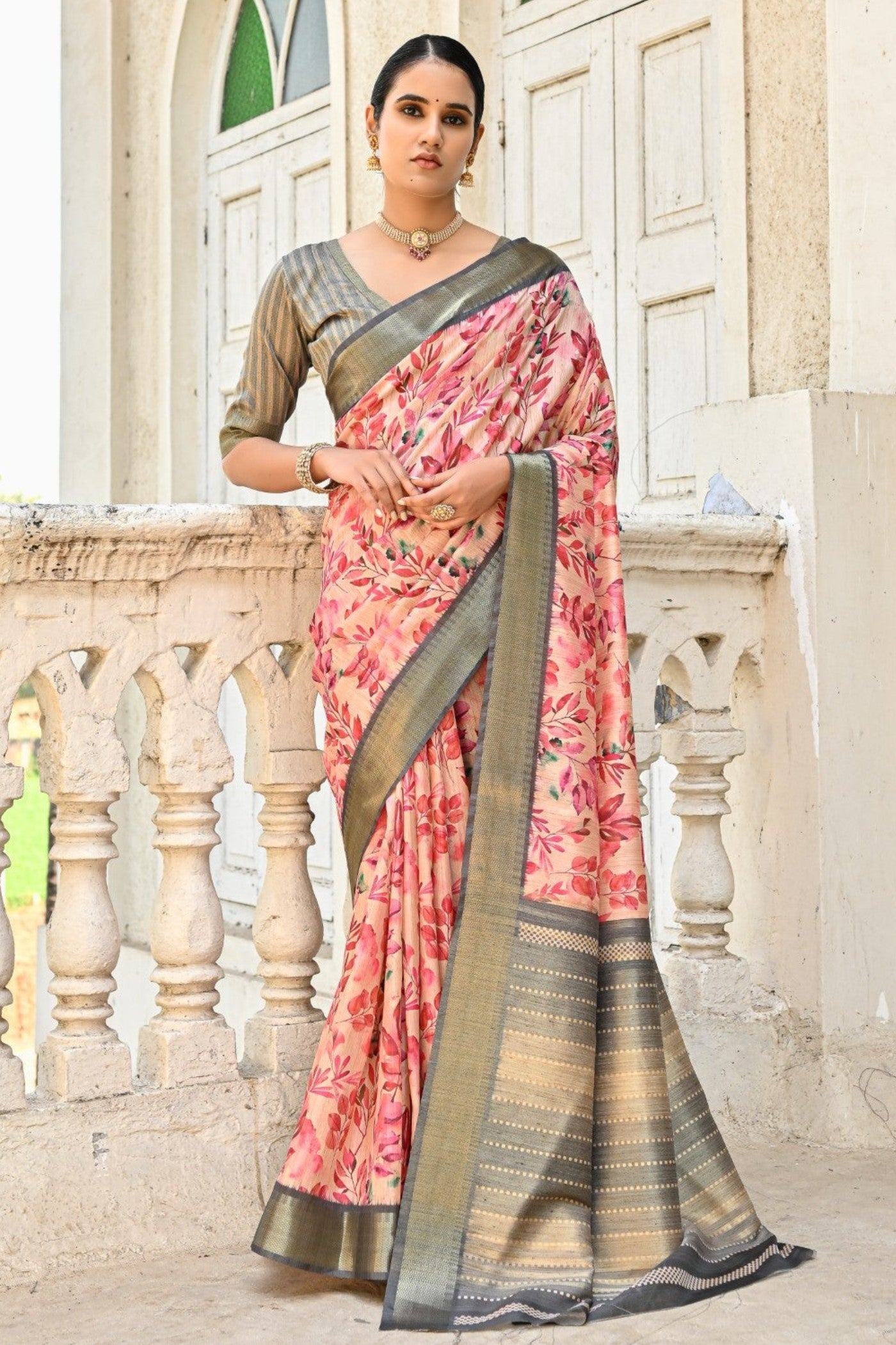 Buy MySilkLove Tonys Peach Tussar Printed Silk Saree Online