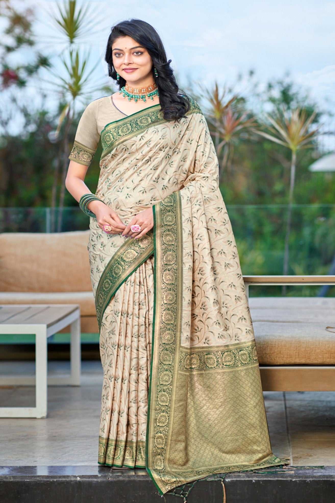 Buy MySilkLove Butter Cream and Green Woven Banarasi Saree Online