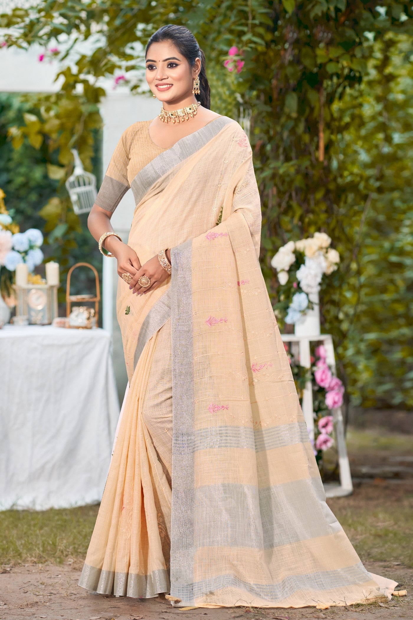 Buy MySilkLove Rosy Peach Woven Cotton Linen Saree Online
