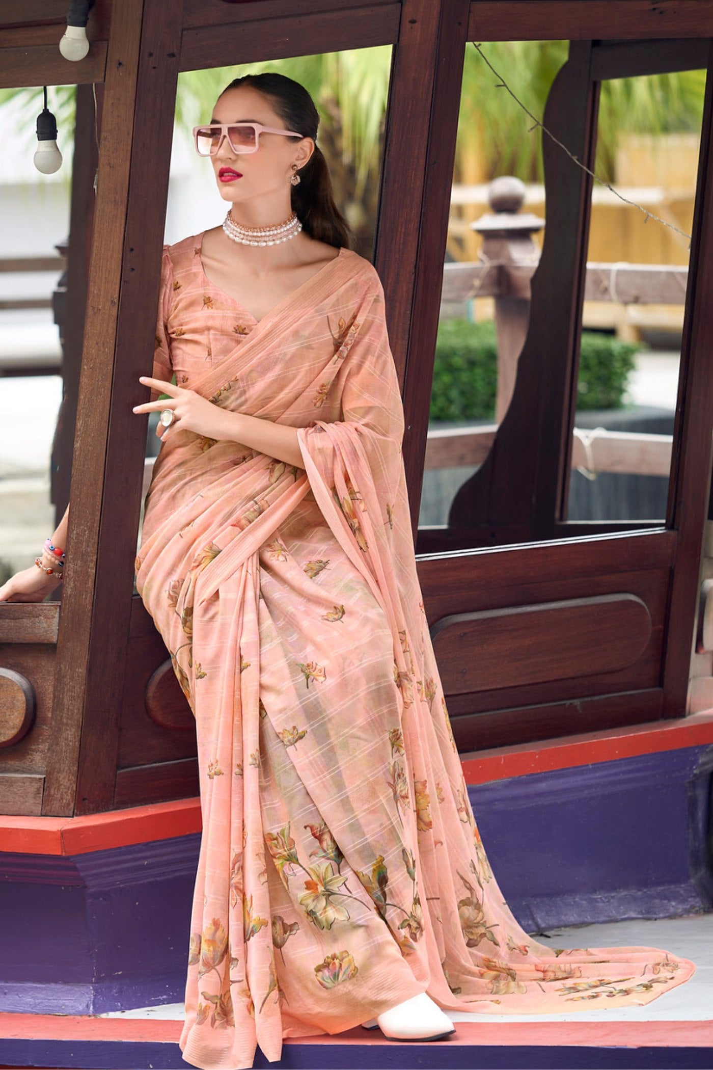 Buy MySilkLove Wax Flower Peach Chiffon Silk Saree Online