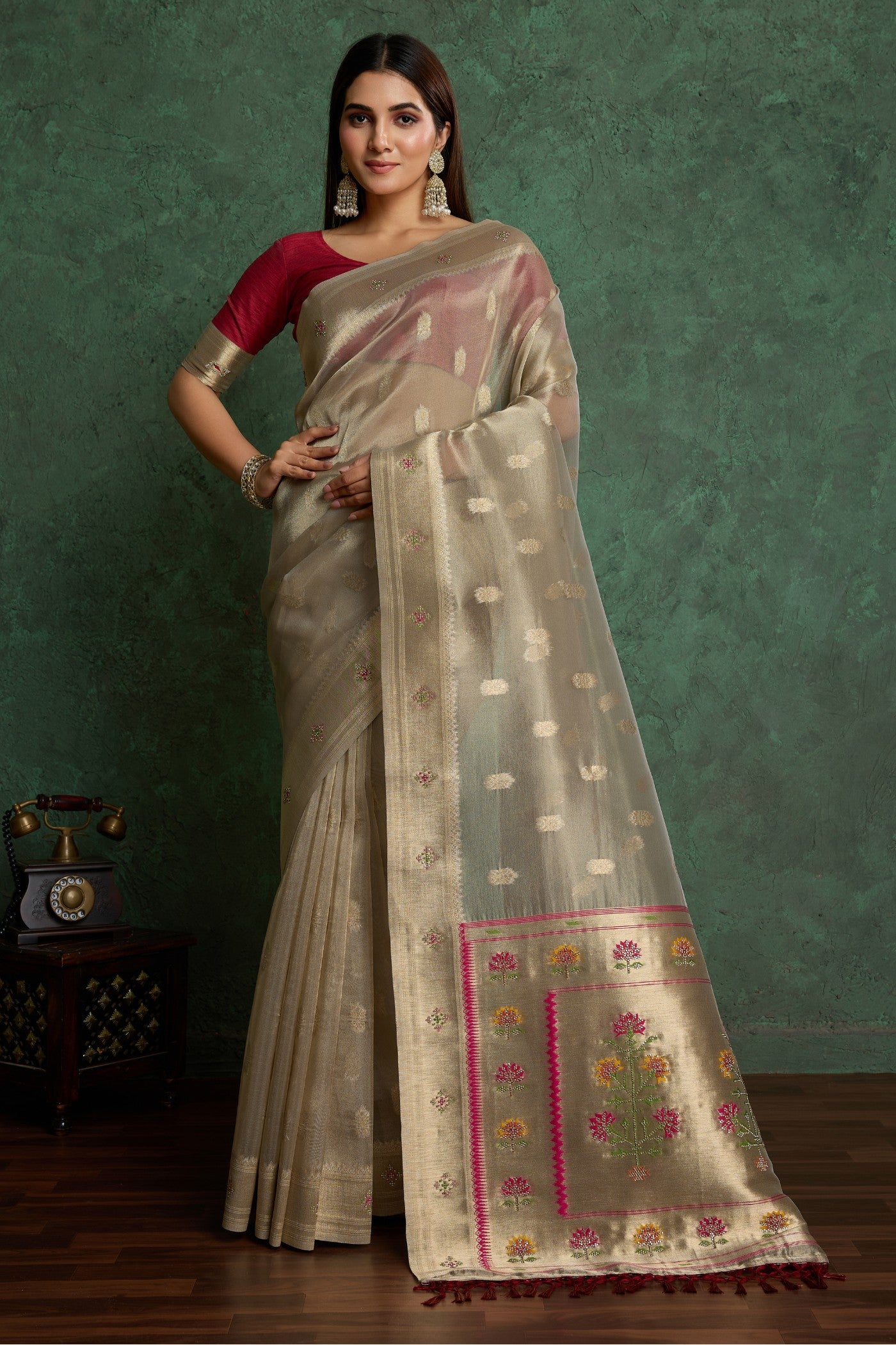 Buy MySilkLove Silver Chalice Grey Woven Tissue Paithani Saree Online