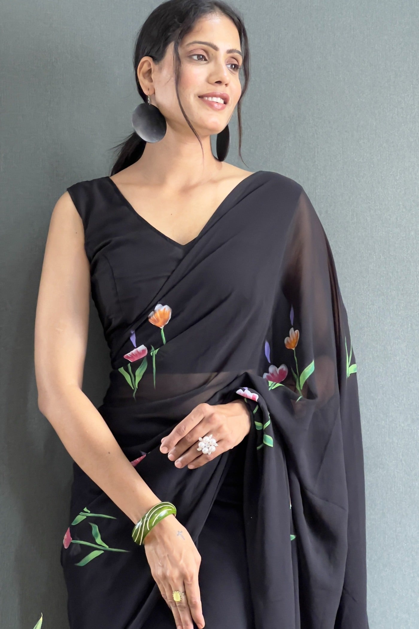 Buy MySilkLove Coral Black Hand Painted Georgette Saree Online