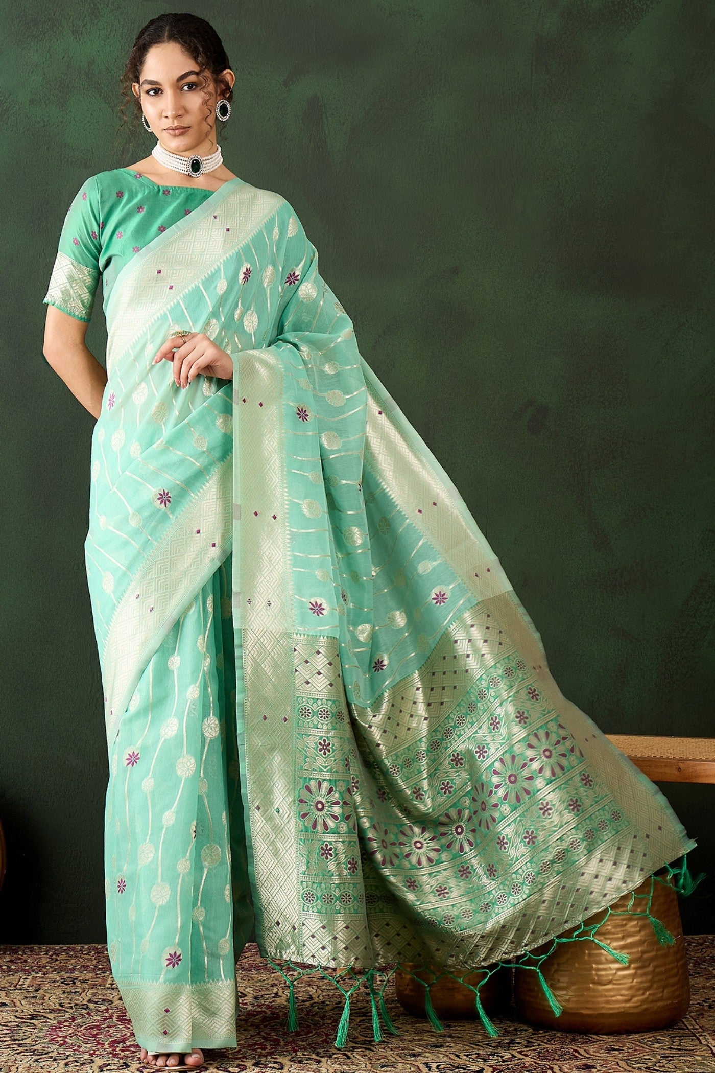 Buy MySilkLove Sage Green Woven Cotton Saree Online