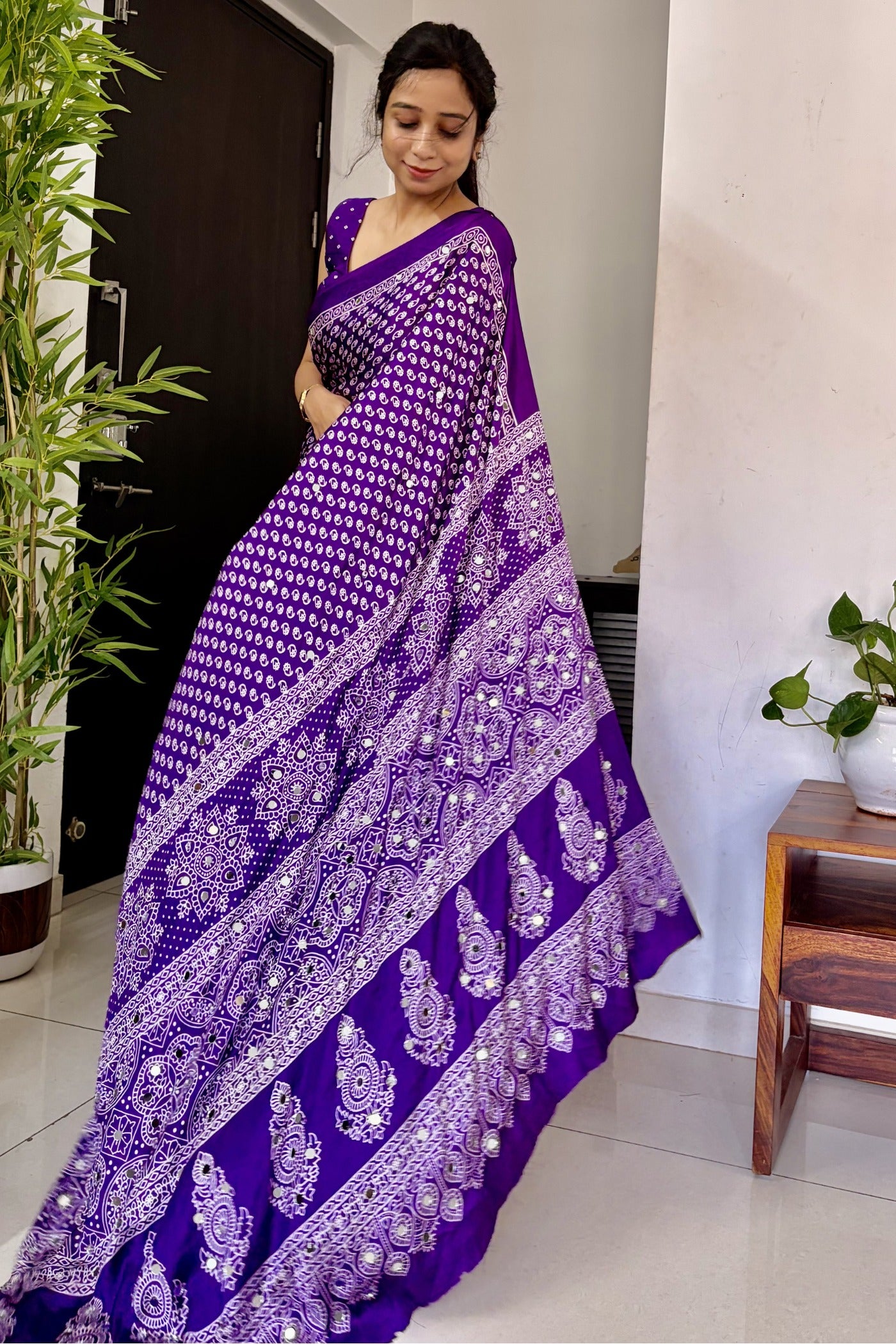 Buy MySilkLove True Purple Modal Ajrakh Satin Printed Mirror Work Saree Online