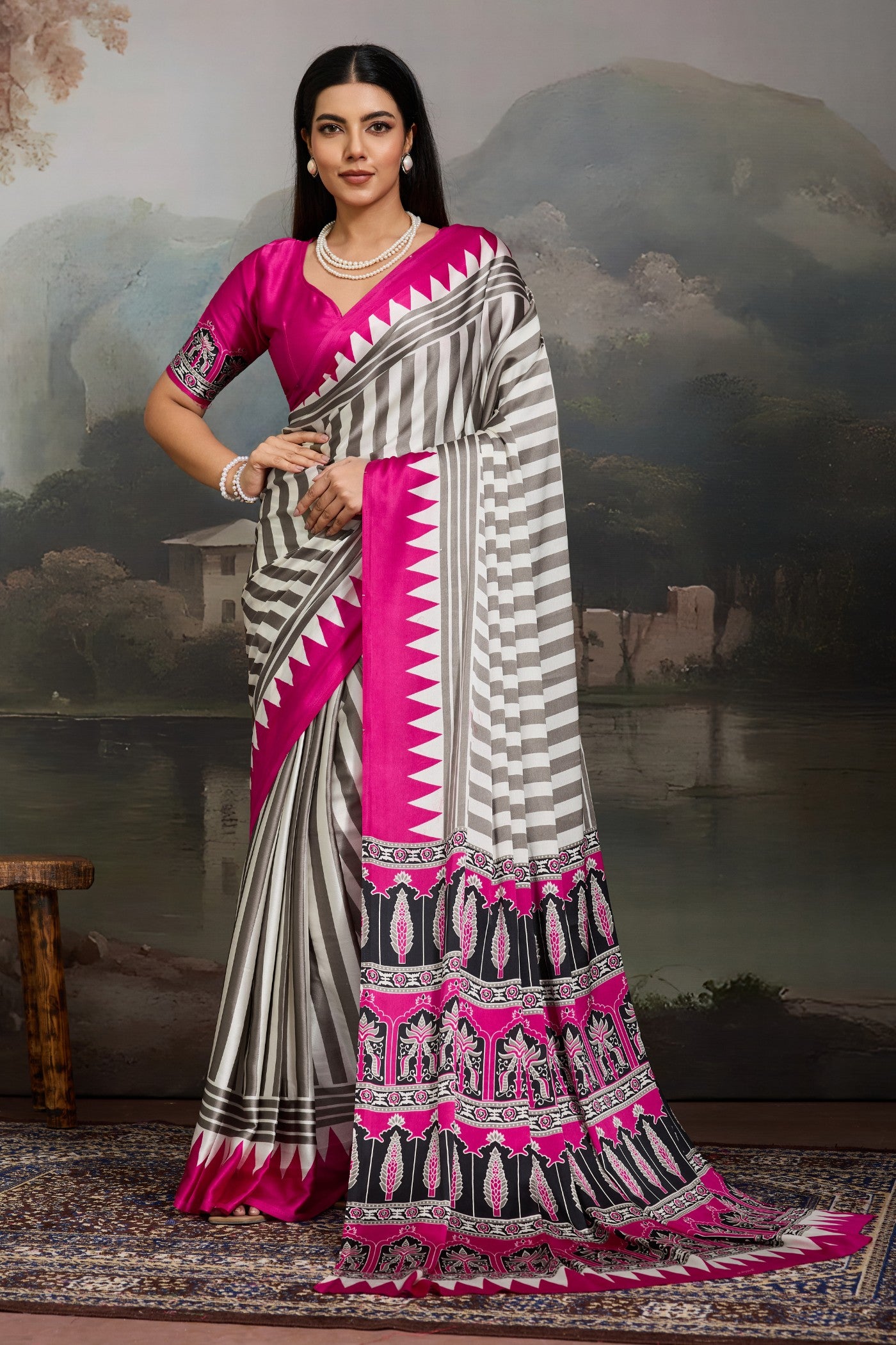Buy MySilkLove Aster White and Pink Ajrakh Printed Satin Crepe Silk Saree Online