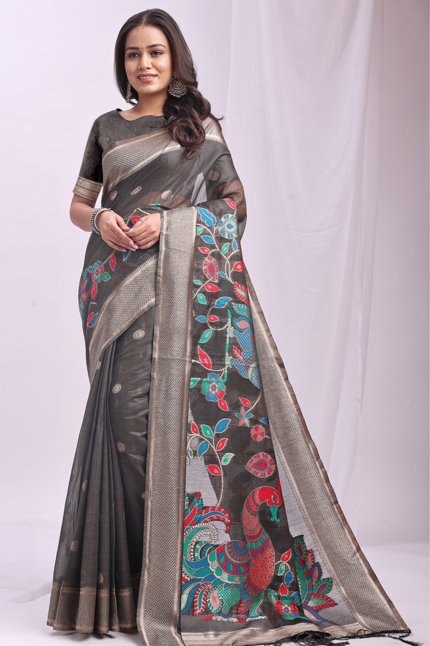 Buy MySilkLove Cloudy Grey Woven Linen Cotton Saree Online