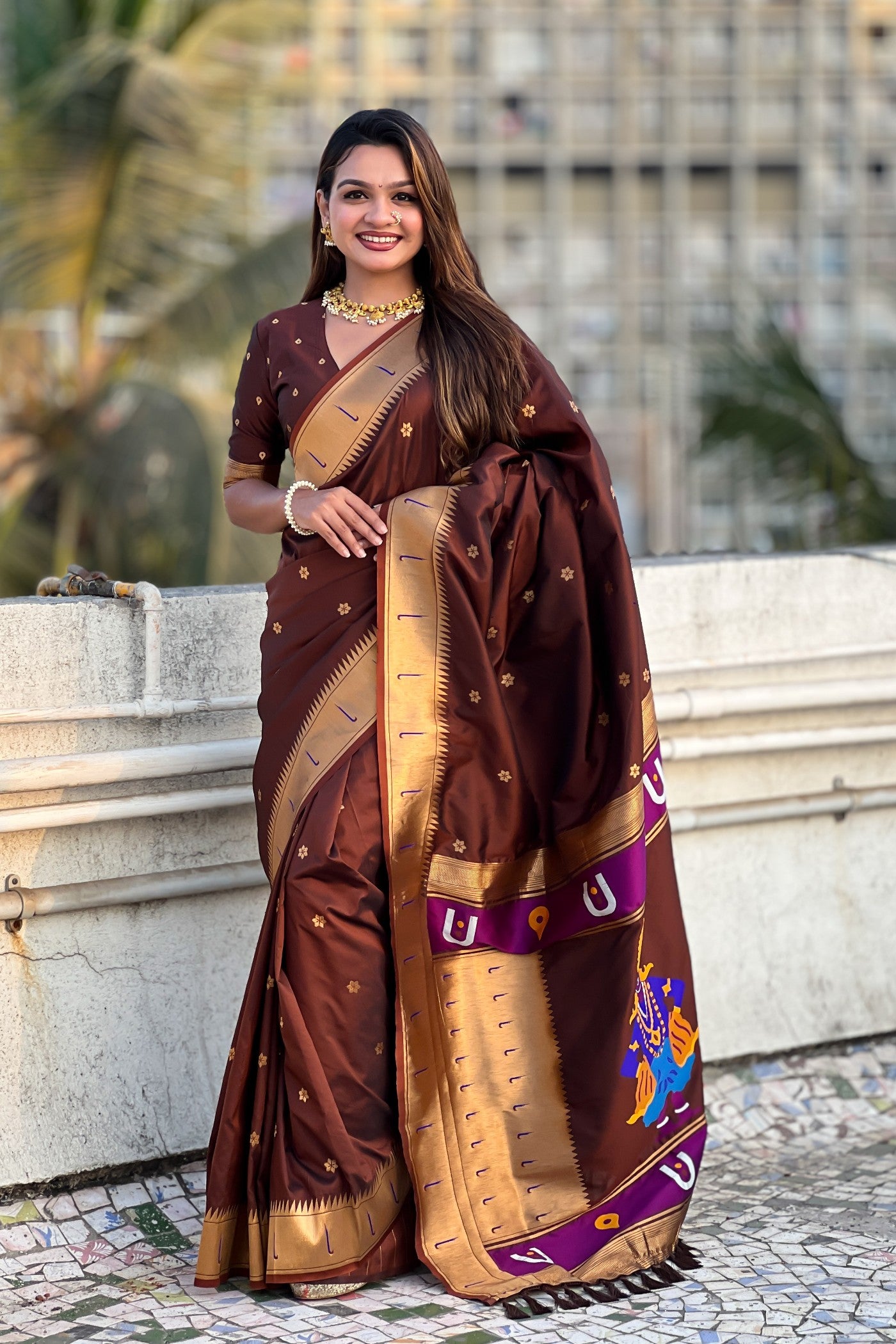 Buy MySilkLove Cocoa Bean Brown Woven Paithani Saree Online