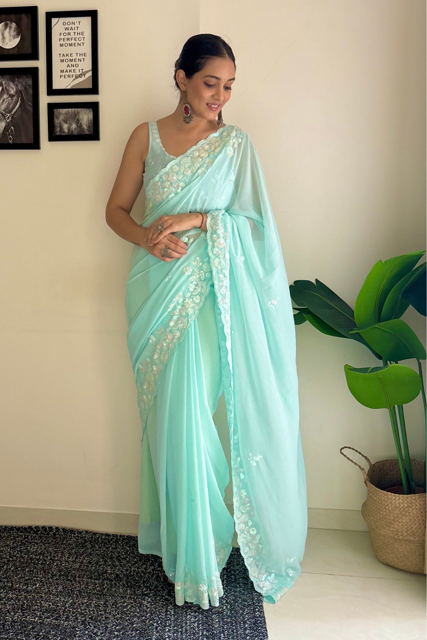 Buy MySilkLove Morning Glory Blue Embroidery Georgette saree Online