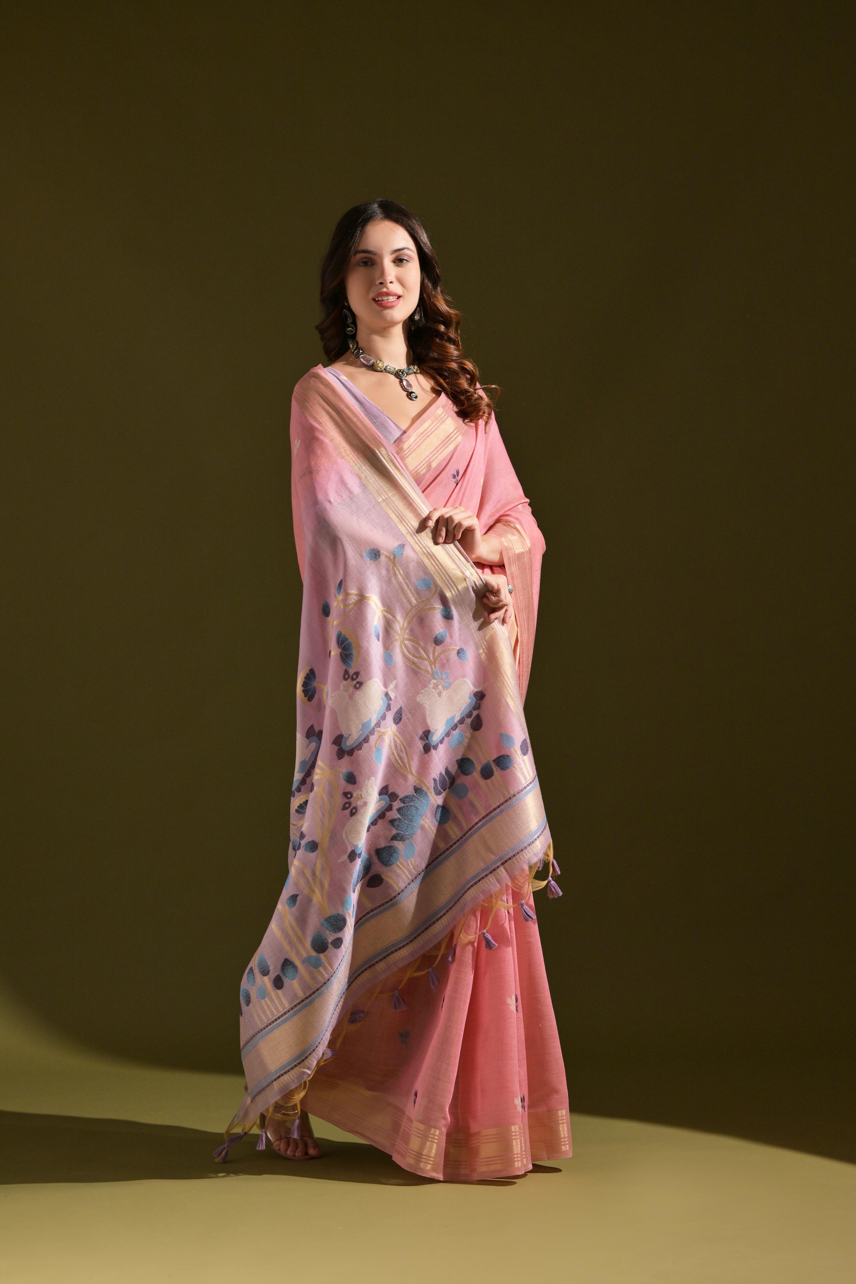 Buy MySilkLove Carnation Pink Woven Muga Cotton Saree Online