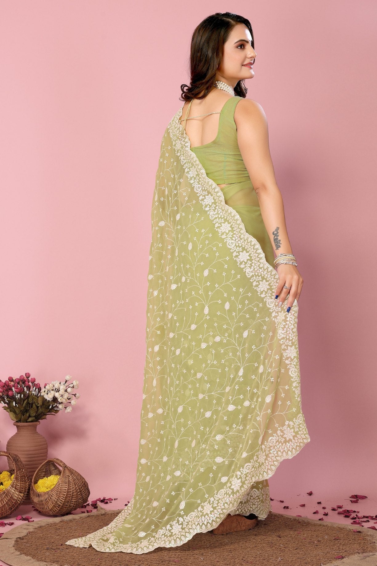 Buy MySilkLove Pista Green Georgette Embroidered Silk Saree Online