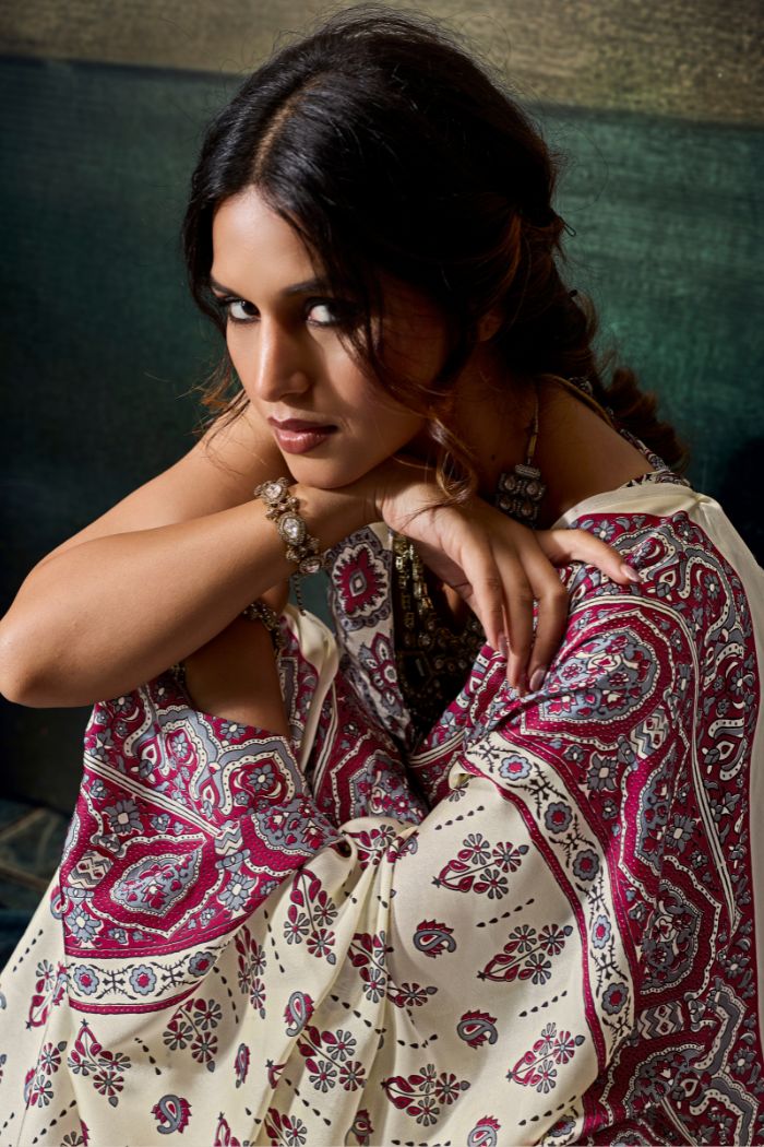 Buy MySilkLove Windsor Cream Modal Ajrakh Satin Printed Silk Saree Online