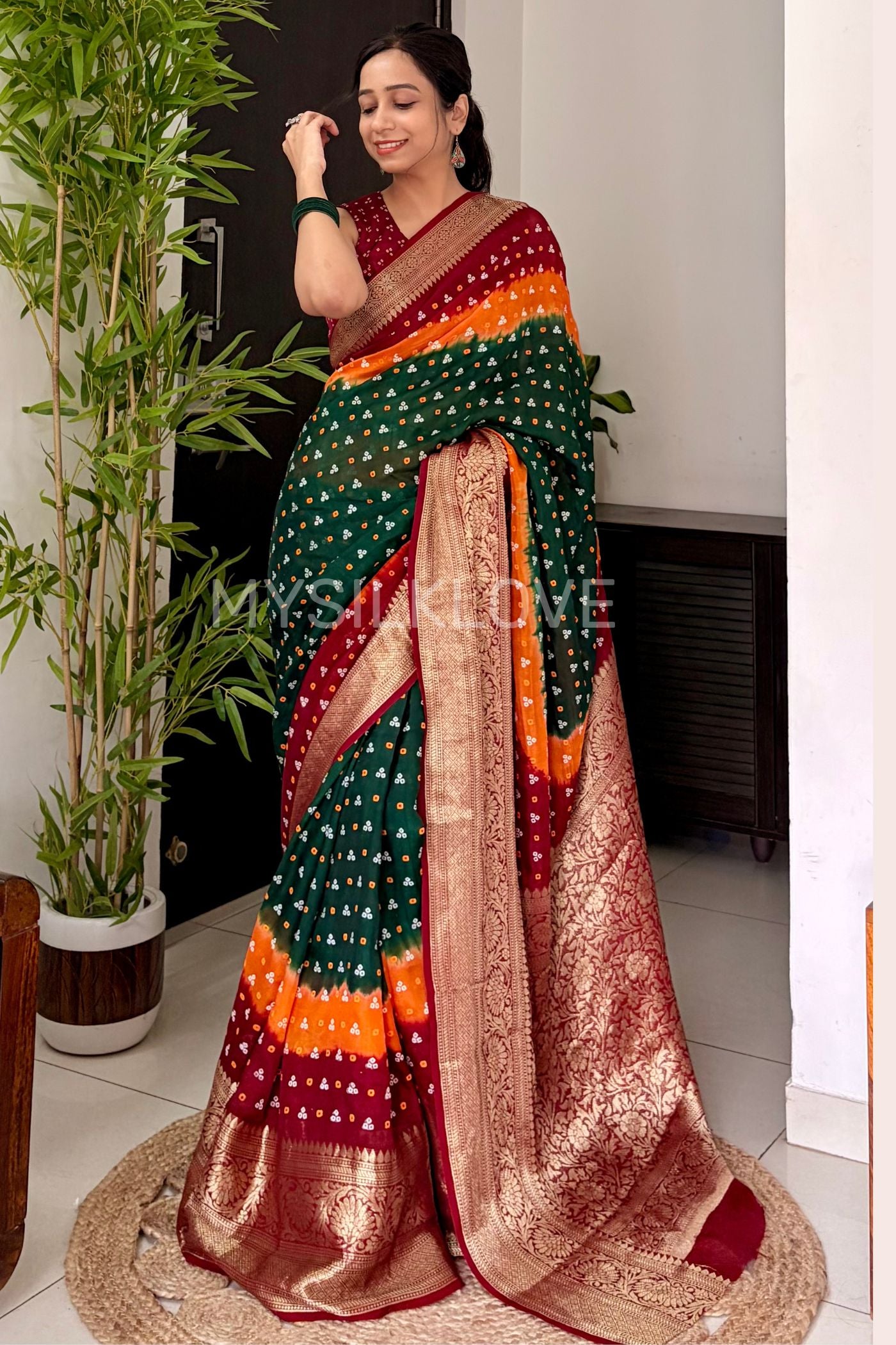 Buy MySilkLove Hunter Green and Orange Bandhani Zari Woven Silk Saree Online