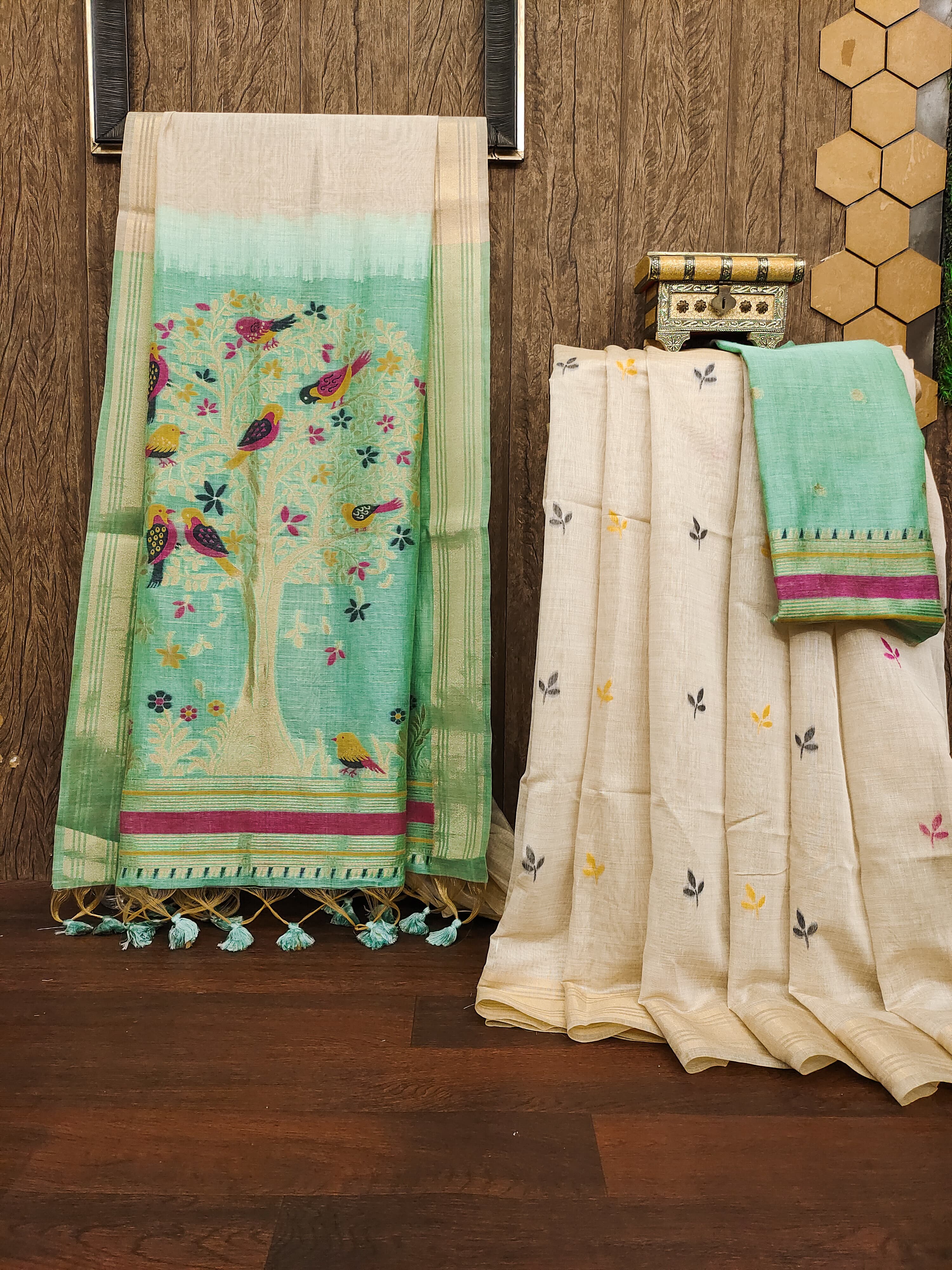 Buy MySilkLove Biscuit Cream and Green Woven Muga Cotton Saree Online