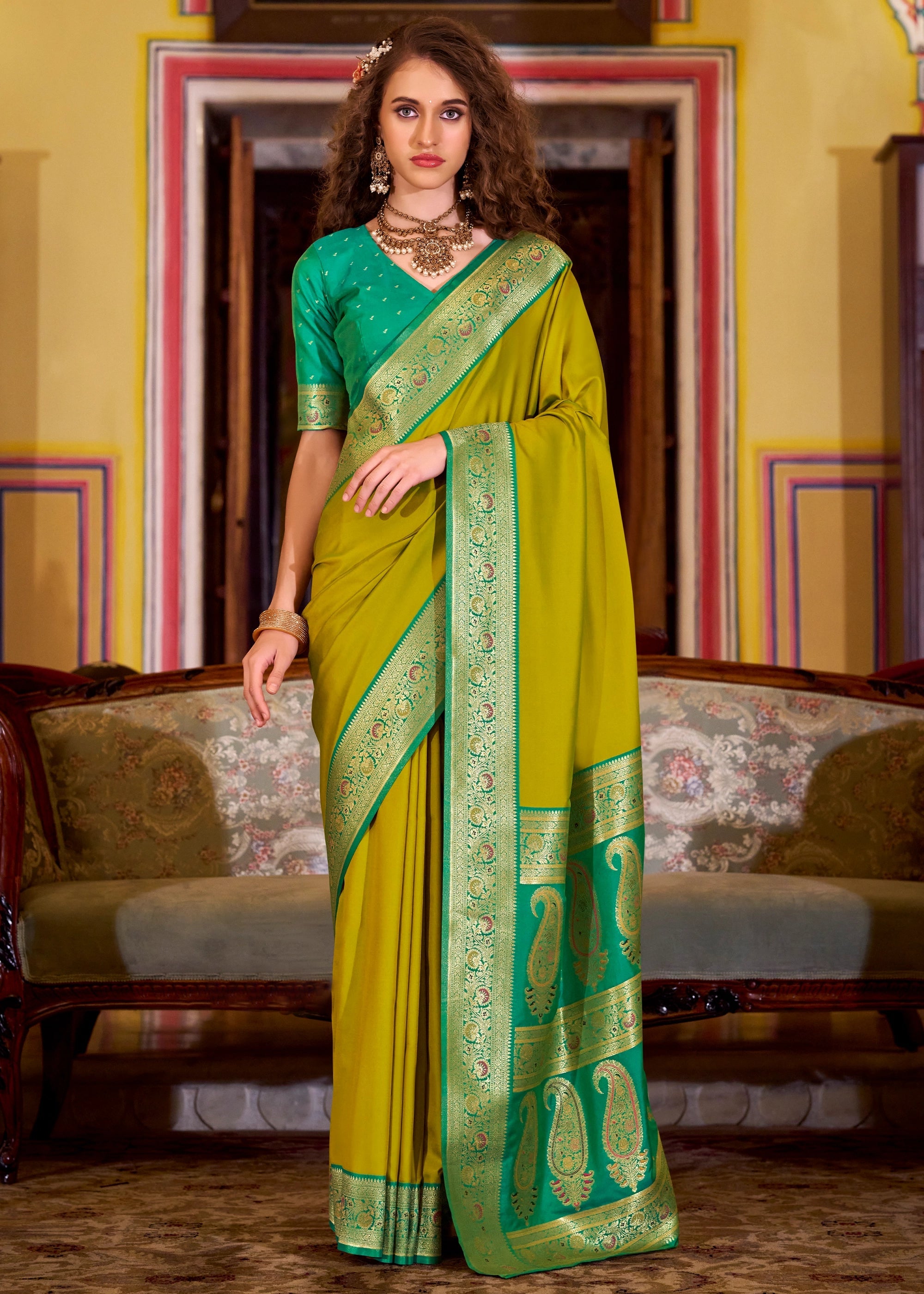 Buy MySilkLove Arctic Green Woven Banarasi Soft Silk Saree Online